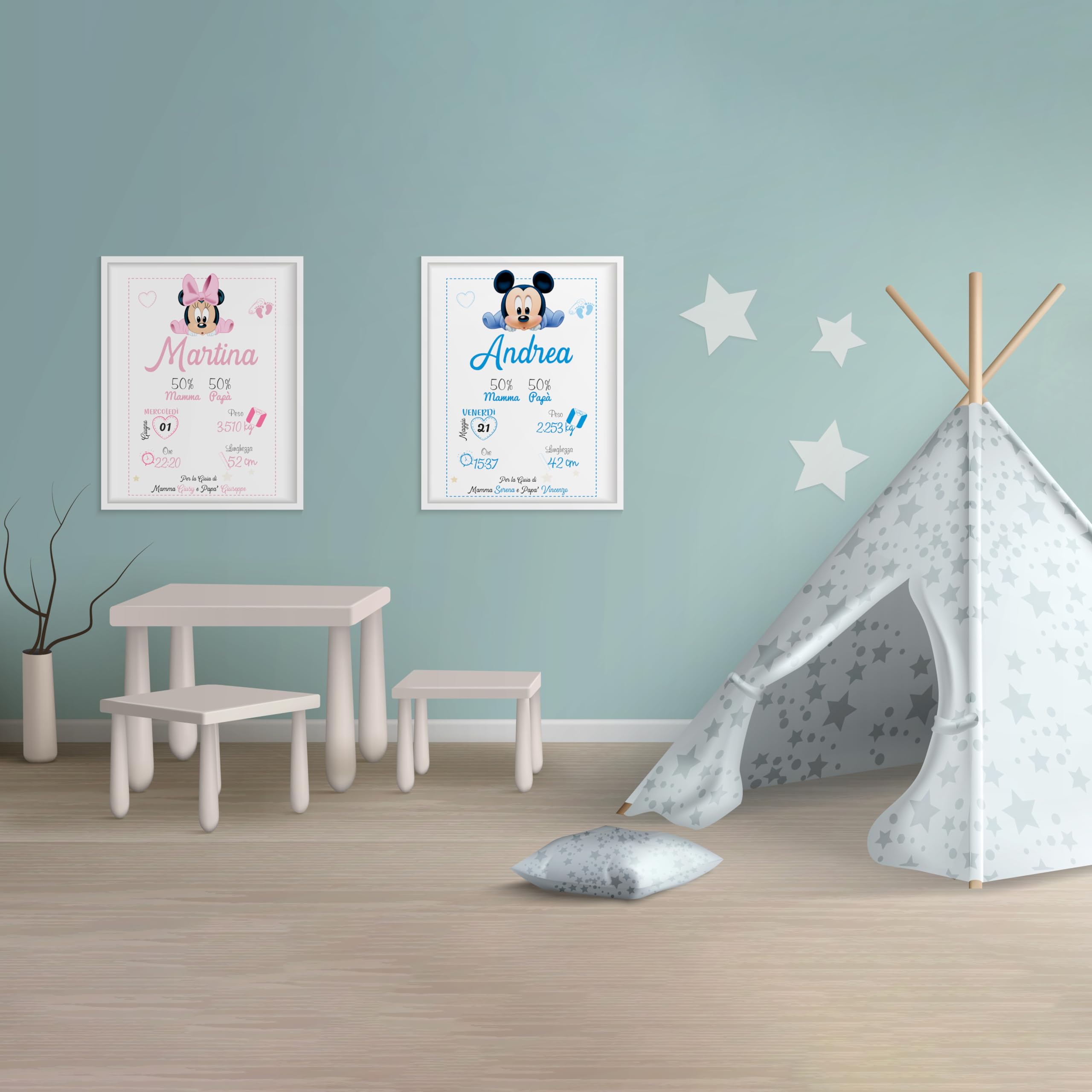 Luglio® - Quadretto Nascita, Cornice Nascita Personalizzata con i Dati del tuo Neonato o Bambino. Idea Regalo per Battesimo, Nascita. Decorazione per Cameretta. 25x20 Cm (Modello 1, Femminuccia)
