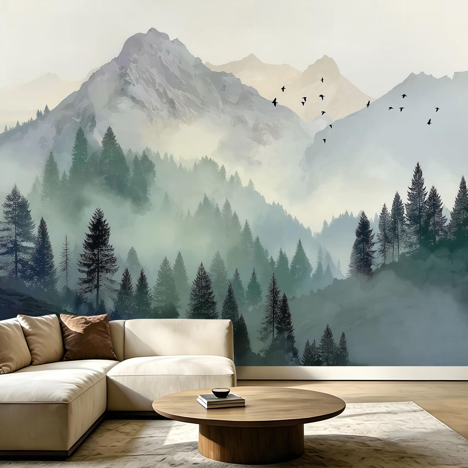 Fototapeta – chiński krajobraz, las, mgła 200 x 140 cm, tapeta na ścianę, tapeta z włókniny, dekoracja ścienna, tapeta ścienna do sypialni, salonu – szczyt górski, drzewa, ptaki, niebo
