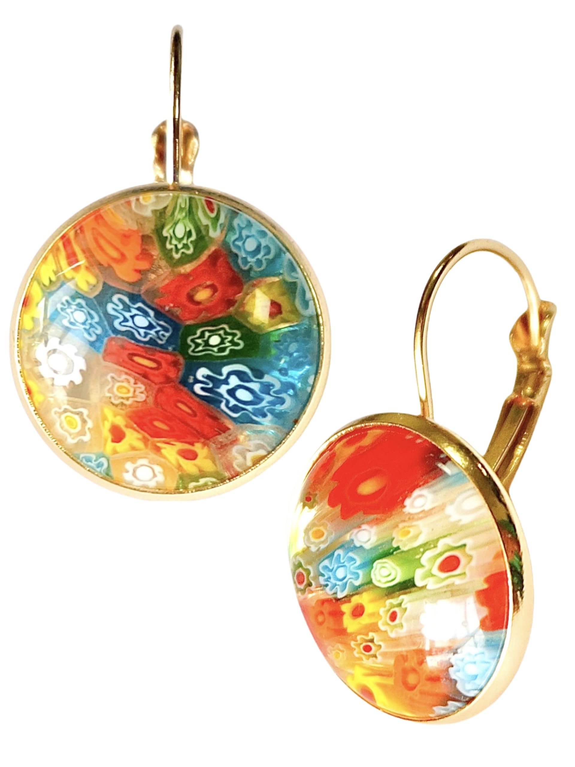 Murano Style Glass Earrings, Colorful Daisy Earrings, Handmade Multicolor Millefiori Beads Leverback, Jewelry Gift for Women Girls Birthday Christmas
