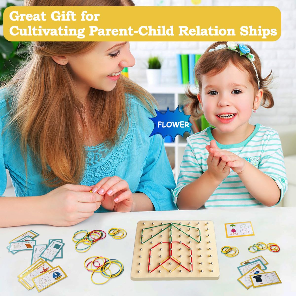 Geoboard In Legno Montessori – Giochi Educativi 2-4 Anni Con 30 Carte E 50 Elastici, Puzzle Forme Geometriche, Regalo Per Bambino E Bambina, Sviluppo Motricità Fine