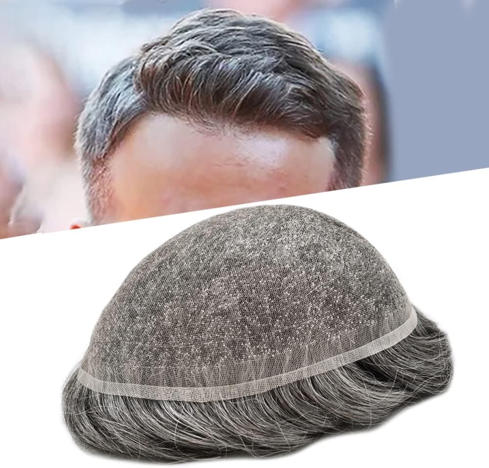 LYRICAL HAIR Toupee for Men Hair System Replacement All French Lace Mens Toupee Hairpiece Natural Hair Piece Unit Wig for Men (8"X10", #1B60 Off Black+60% Gray-100% Light to Med-light Density)