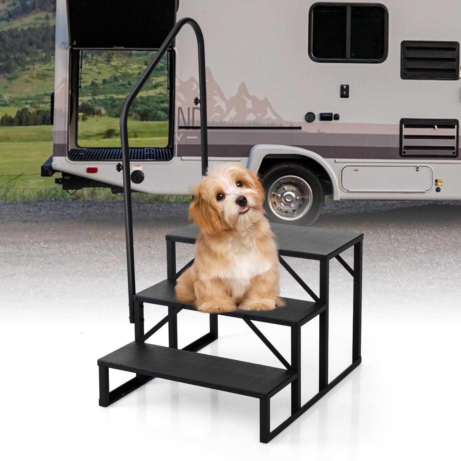COSTWAY Scala a 3 Gradini per Camper, Gradini per Camper in Acciaio con Maniglia Regolabile Destra/Sinistra e Piattaforme Antiscivolo, Portata 300 kg, Scale Portatile per Vasca, Camper, Casa e Animali