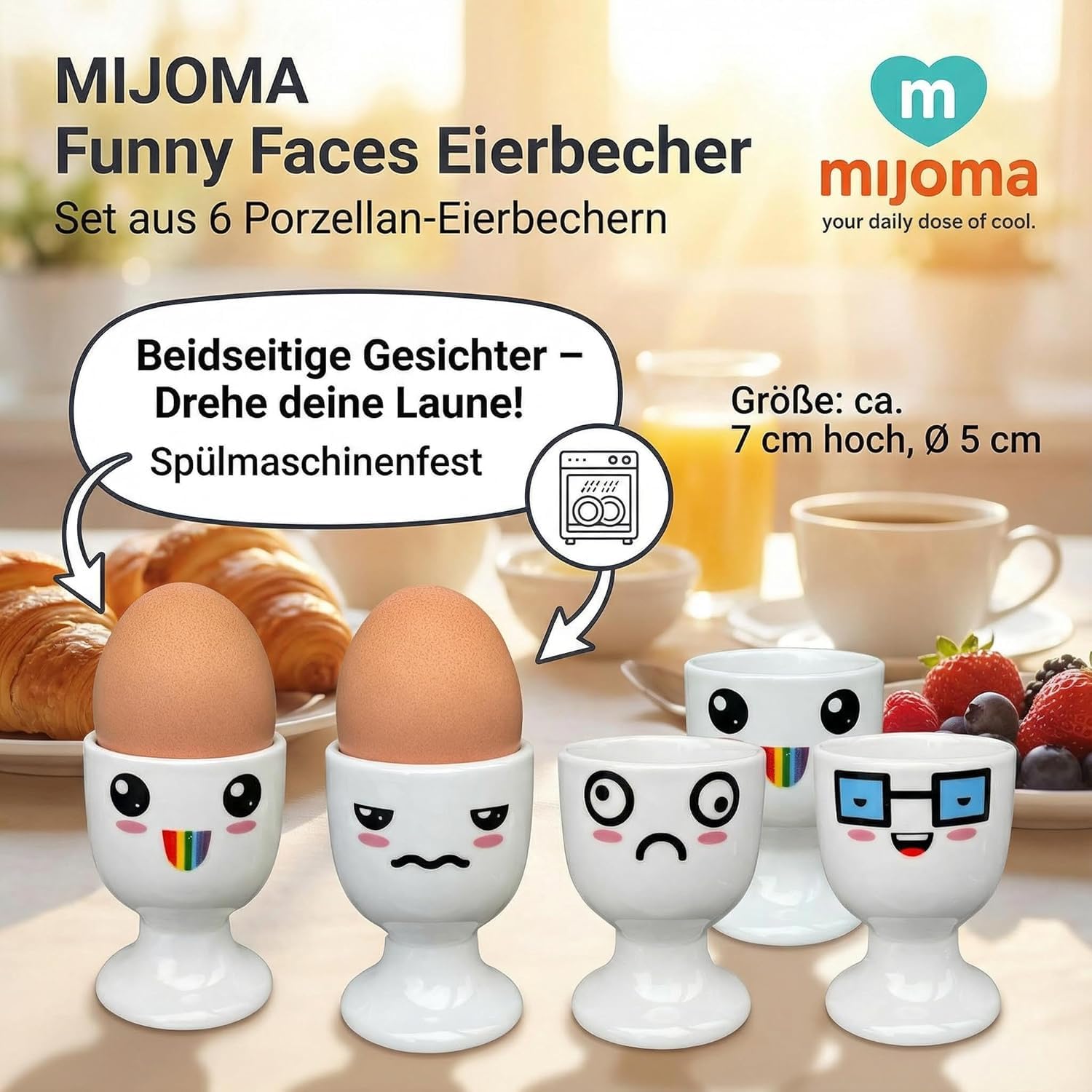 MIJOMA Set di 6 portauova, portauova, bianco con facce, decorazione #3, in porcellana, 6,5 x 5 cm