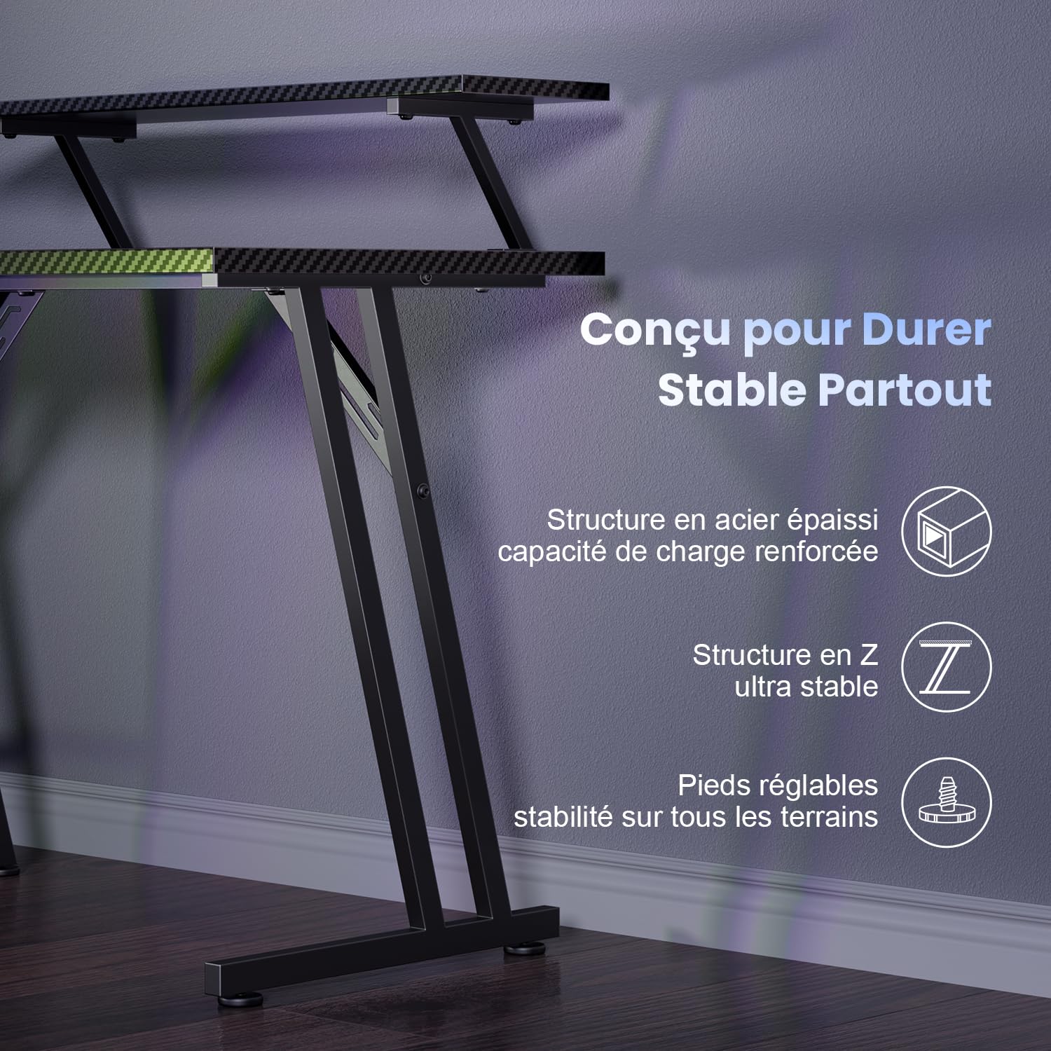 Bureau Gaming D'Angle 130x130 Cm HLFURNIEU En Forme De L - Table Gamer LED Avec Support Moniteur, Fibre Carbone Noir