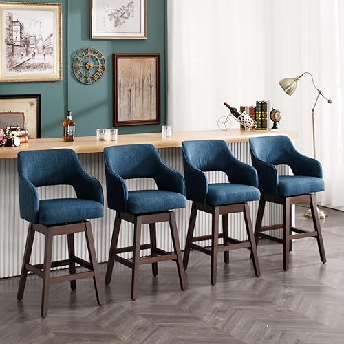 Miniatura 12 de Juego de 2 taburetes de bar giratorios de 360°, taburetes de bar de altura de mostrador de granja con respaldo y patas de madera, taburete tapizado