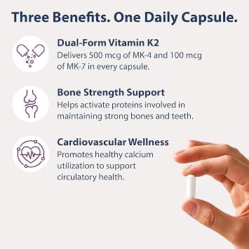 Natural Vitamin K2 MK4 & MK7 | Made in USA, 3 Month Supply | 600 Mcg High Potency Dual Action for Bone Strength & Heart Health | Kosher & cGMP Certified, Non-GMO | 30+ Years of Quality