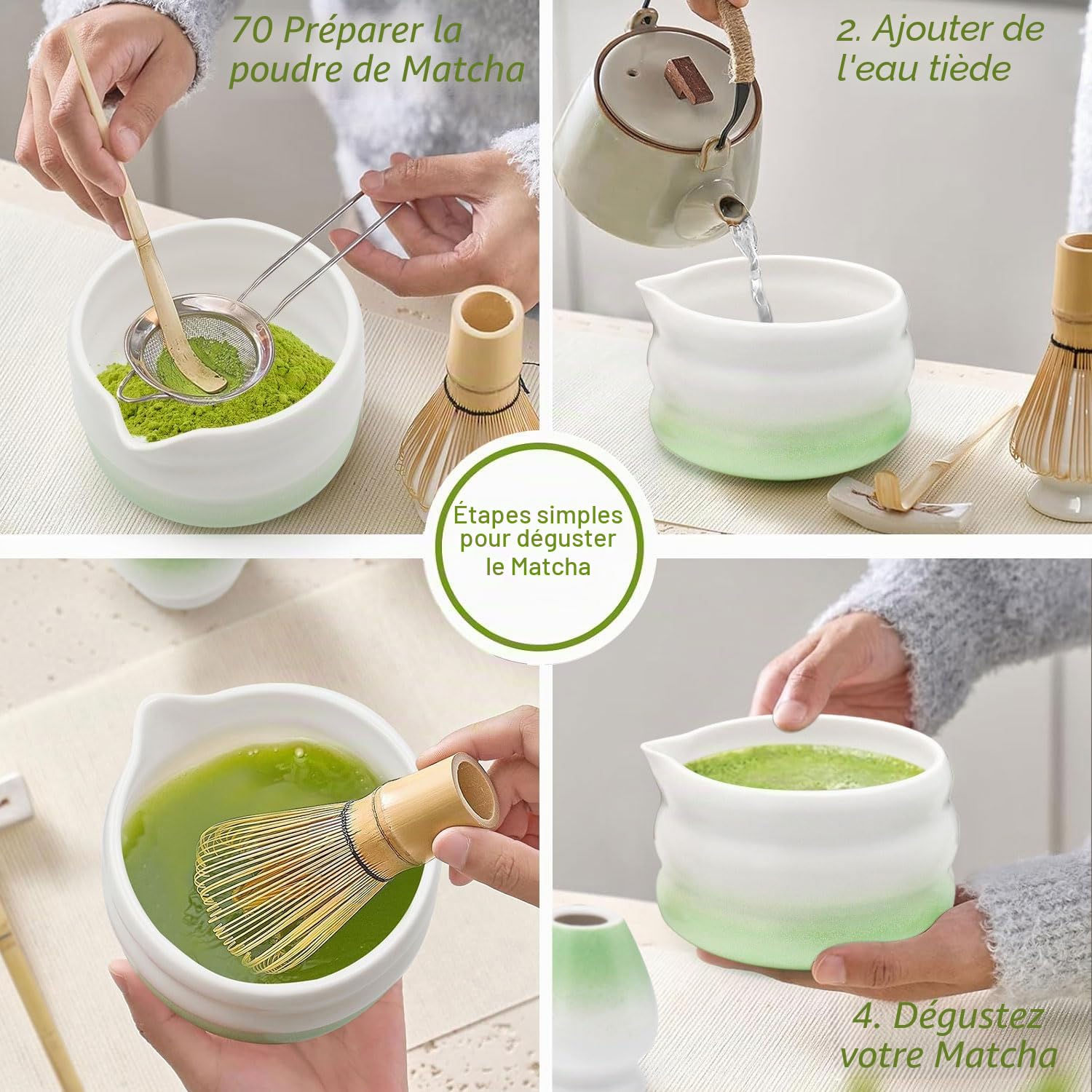 Kit Matcha Complet, 5 Pièces : Bol Matcha 550 ml, Fouet Matcha Bambou, Tamis, Support Matcha Fouet et Cuillère Matcha, Premium pour Maison, Bureau et Cadeaux
