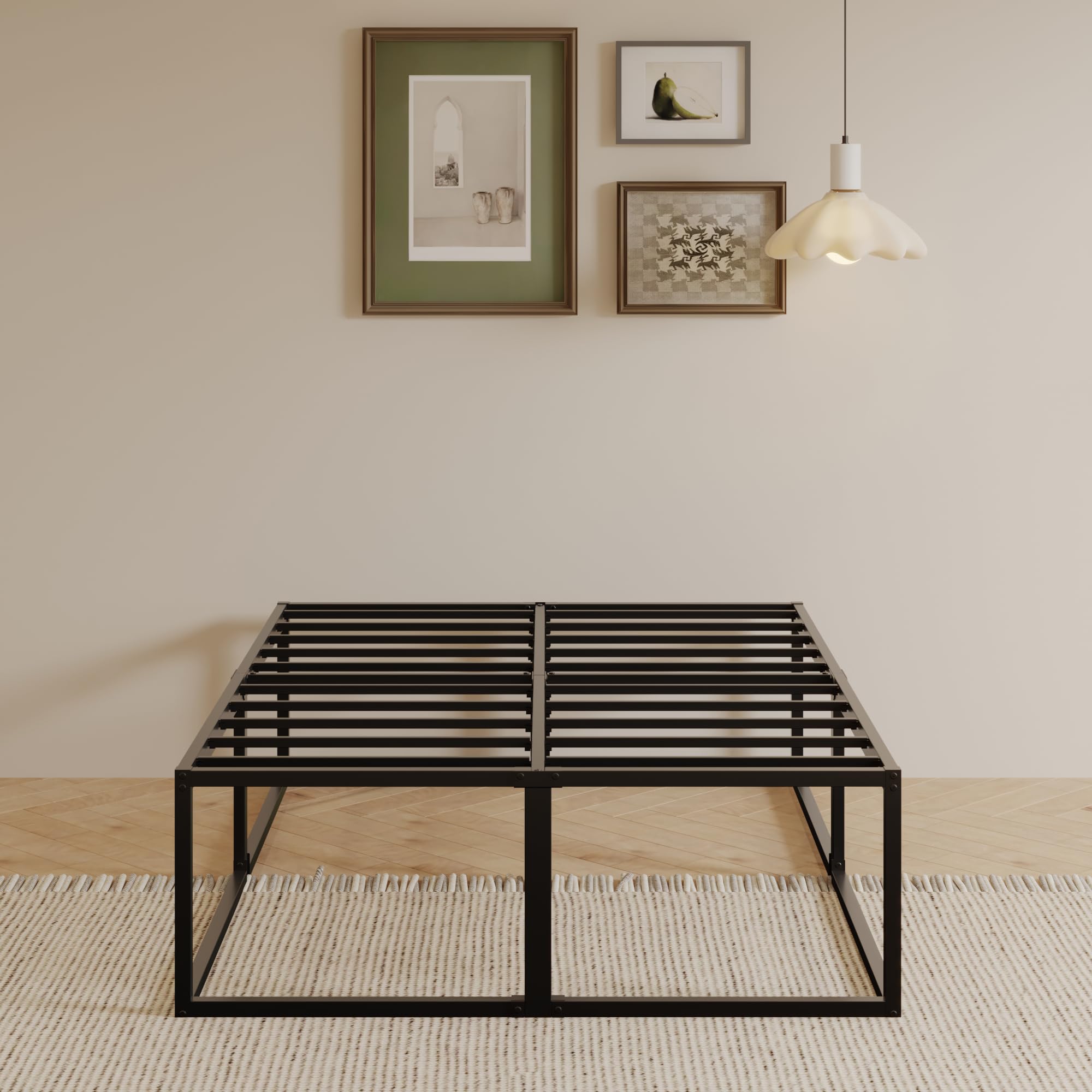 EMODA Struttura Letto Matrimoniale 140x200 cm, Letto a Piattaforma in Metallo 46 cm Alto e Resistente con Supporto Doghe in Acciaio, Ampio Spazio Sottolato, Silenzioso, Facile Montaggio, Nero