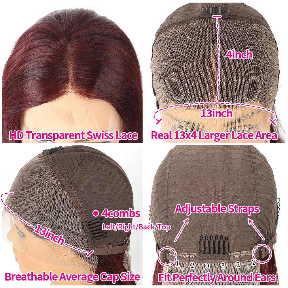 Datanala Bob Wig Human Hair 12Inch 99J Brazilian Virgin 100% Unprocessed Straight Human Hair 13X4 Transparent Lace Front Wigs Pre Plucked Bleached Knots Straight HD Lace Front Bob Wig - Image 2