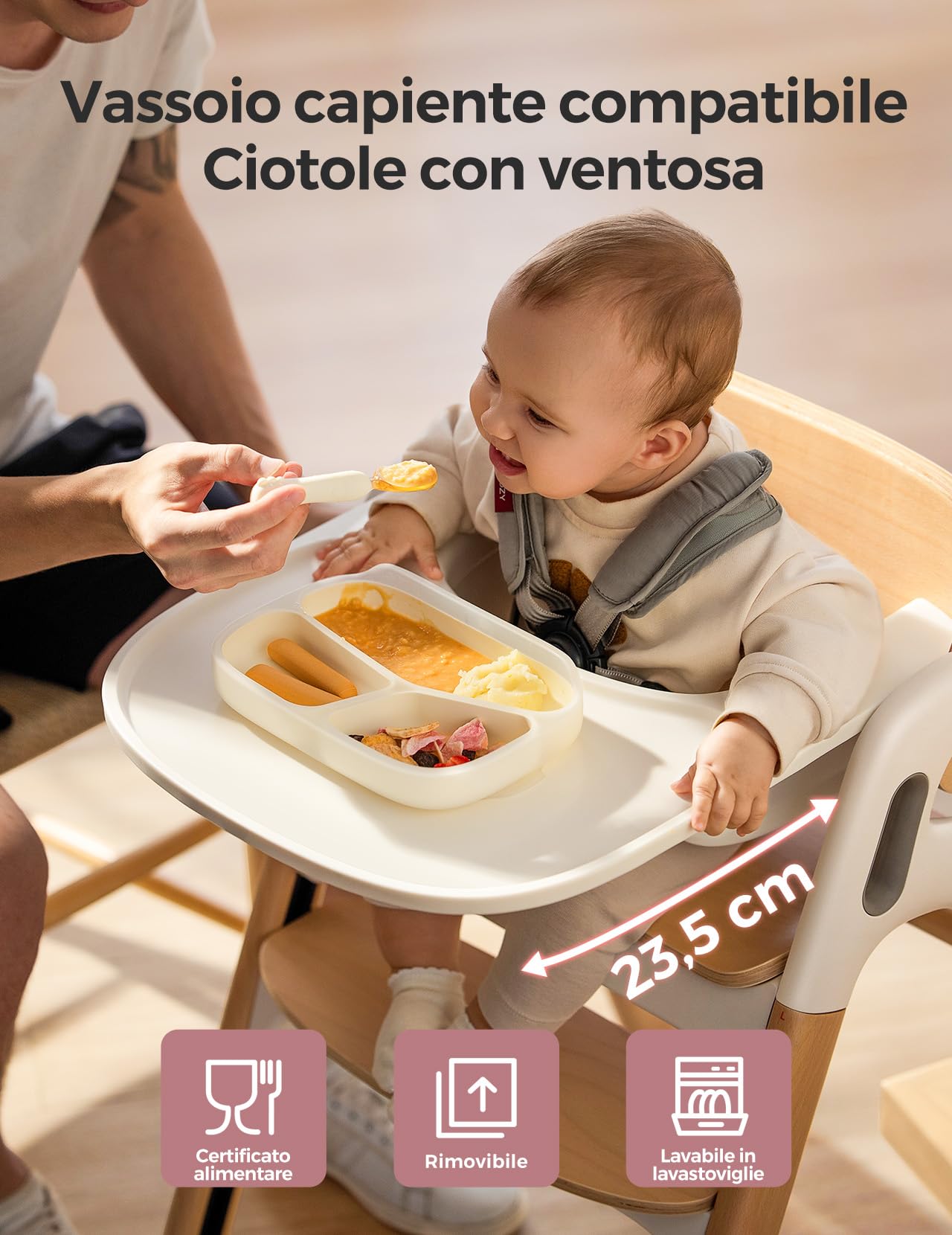 Momcozy DinerPal - Seggiolone in legno per neonati, bambini e adulti, fino a 140 kg | Seggiolone trasformabile con vassoio per alimenti, lavabile in lavastoviglie, regolabile ed ergonomico, in legno naturale