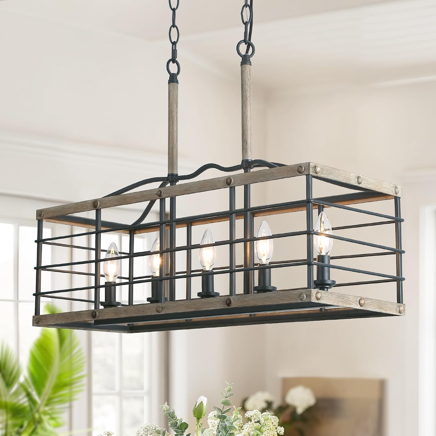 LOG BARN Kitchen Island Lighting, 5-Light Farmhouse Industrial Rectangular Chandeliers Light Fixture for Dining Rooms, Kitchen Island, Aged Gray and Light Wood Grain Finish