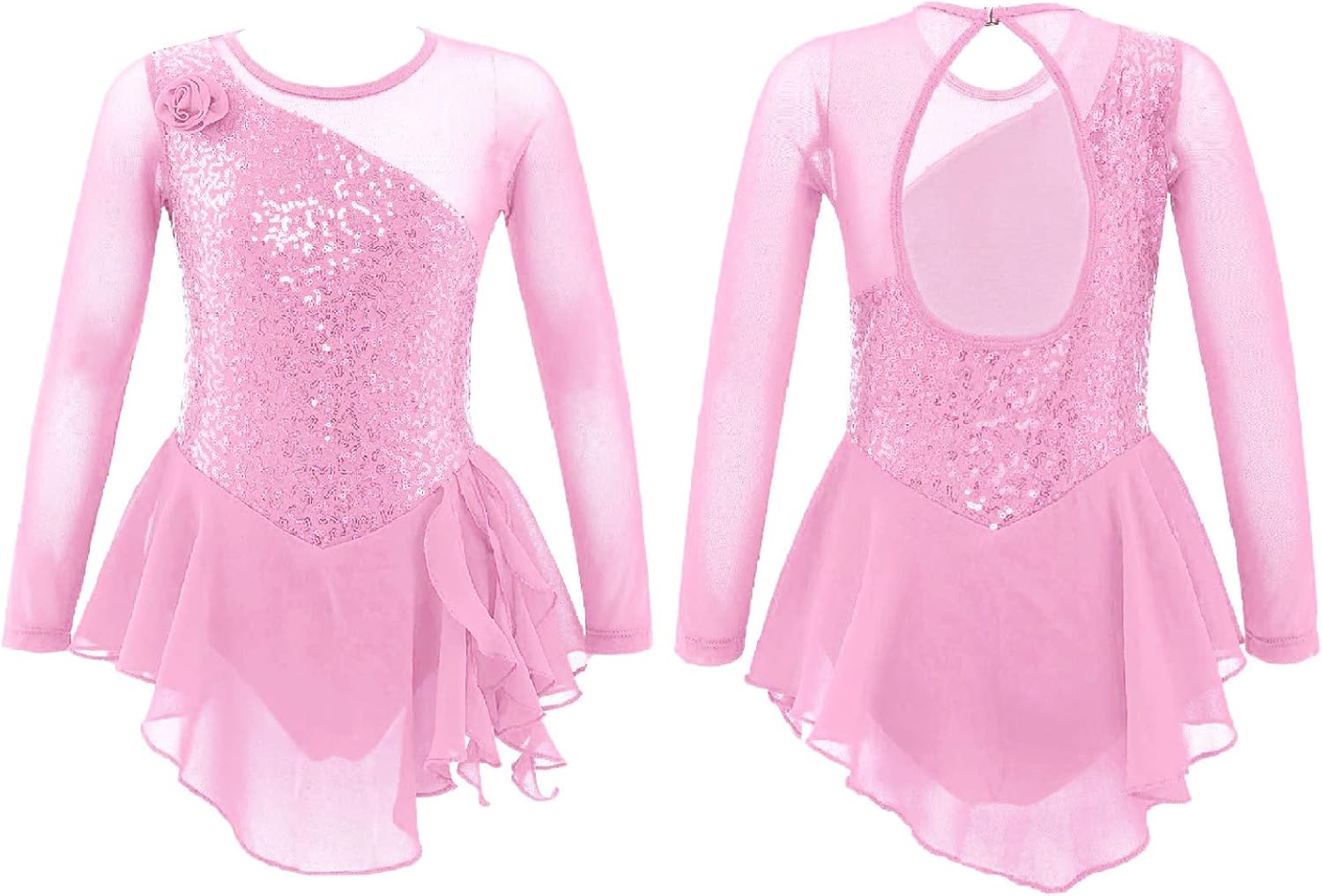 Loyan Girls Sequins Roller Ice Figure Skating Dress Mock Neck Gymnastics Dancewear Long Sleeve Ballet Dance Tutu Skirt
