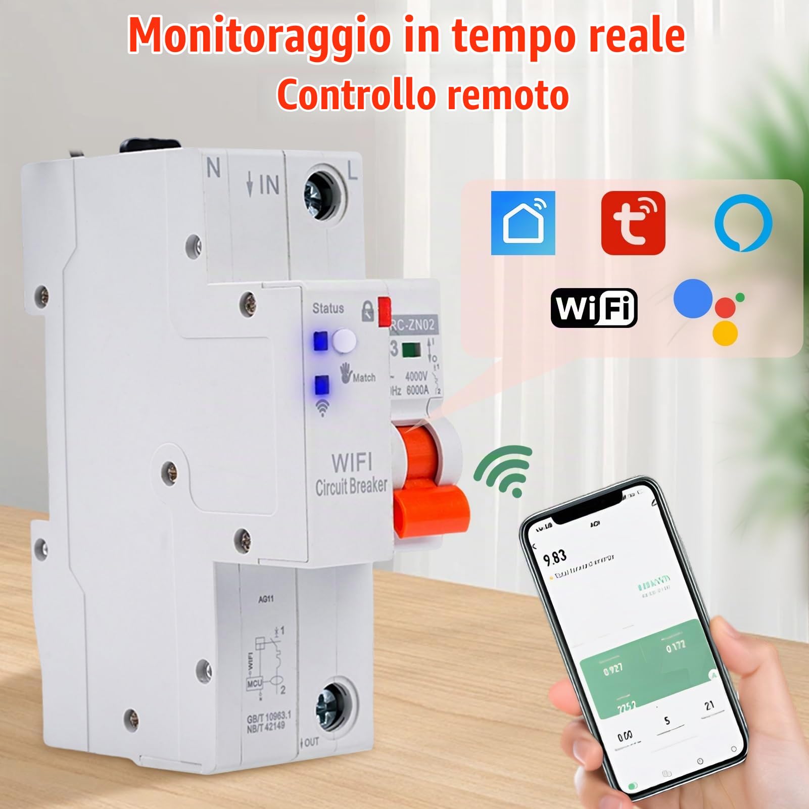 Jadeshay Salvavita con Riarmo Automatico 1P 63A 230V Interruttore Magnetotermico Automatico Timer Relè con Protezione Sovratensione Sottotensione e Sovraccarico,Controllo Remoto Tramite Tuya APP WiFi