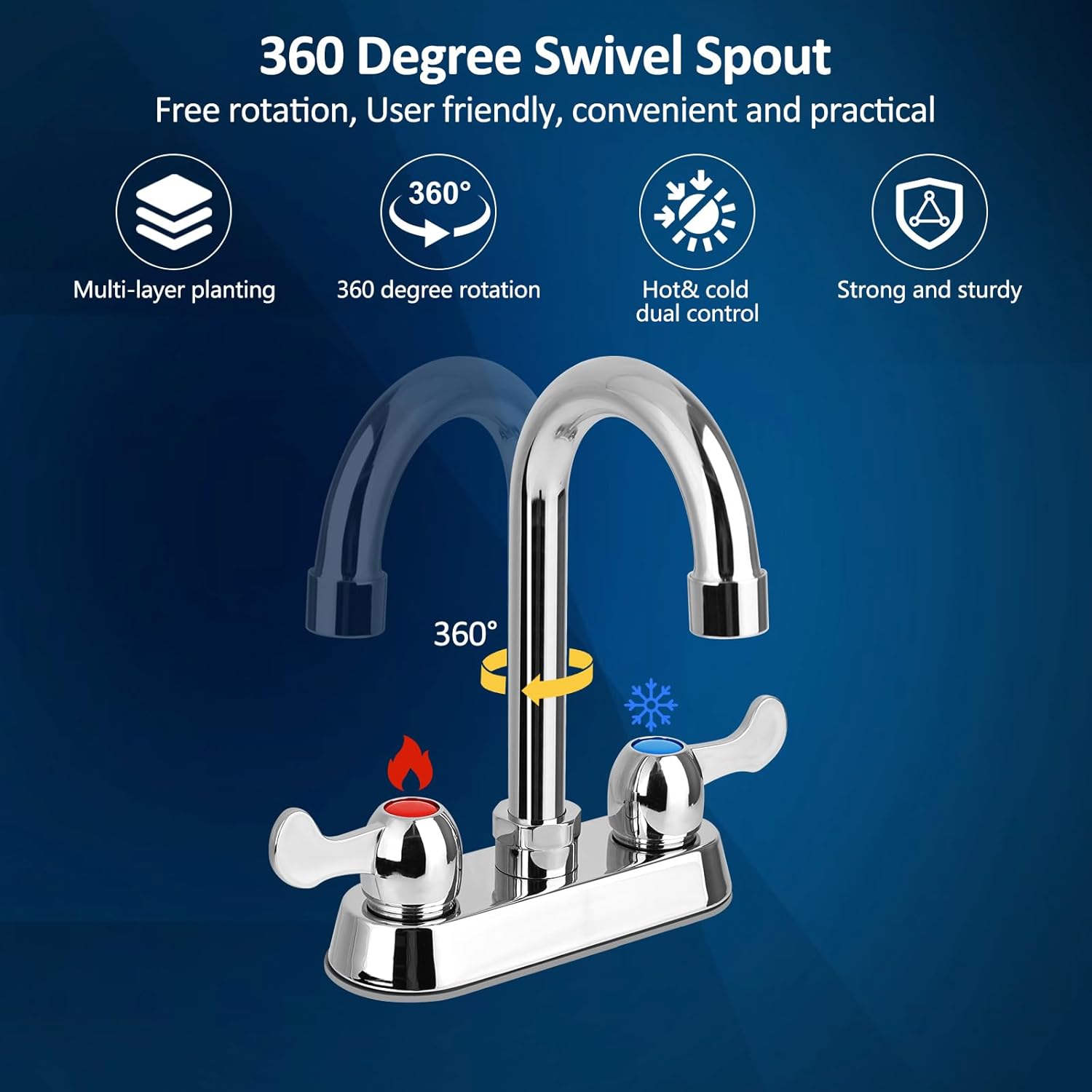 KWODE 4" Center Commercial Bar Sink Faucet, 2-Hole Deck Mount Utility Sink Faucet with 3-1/2" Gooseneck Swivel Spout & Dual Lever Handles for Laundry Tub RV Bar Sink, Brass Constructed, Chrome