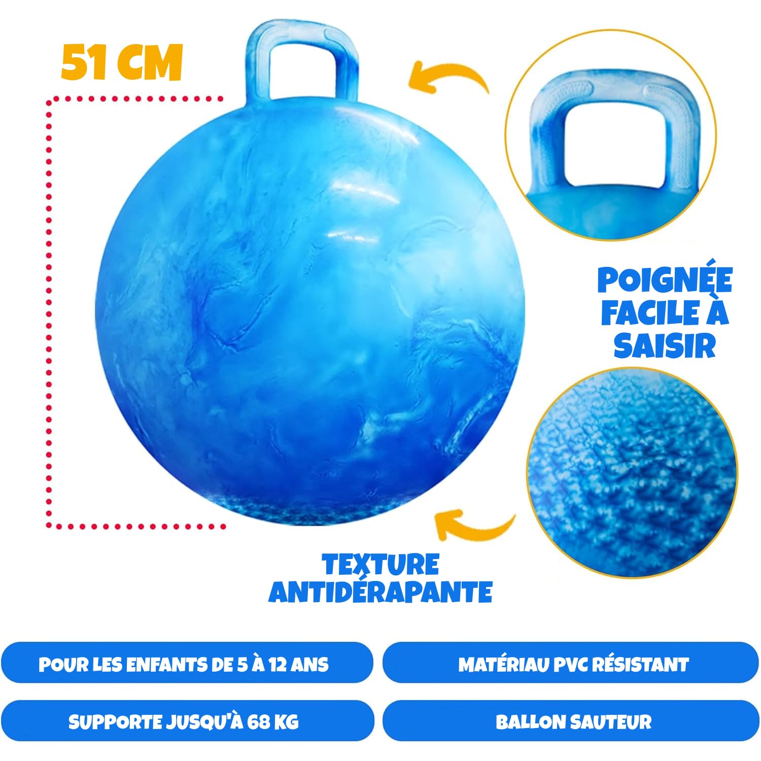 Bedwina Balle Rebondissante pour Enfants – Balle 50,1 cm avec Poignée & Pompe, Jouet Gonflable Durable pour Intérieur/Extérieur, Exercice & Jeu Actif