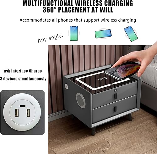 Miniatura 5 de TBQATNTS Mesita de noche con estación de carga, con bloqueo de huellas dactilares, mesa auxiliar de dormitorio de tres cajones con altavoces y luces