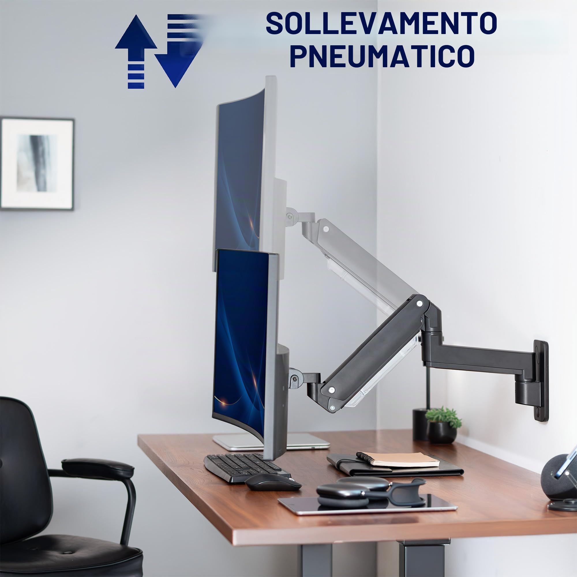 VIVO Braccio per monitor ultrawide in alluminio resistente di alta qualità per schermi fino a 49" e 20 kg, montaggio a parete singola, altezza pneumatica, max VESA 100 x 100, nero, MOUNT-V101G1