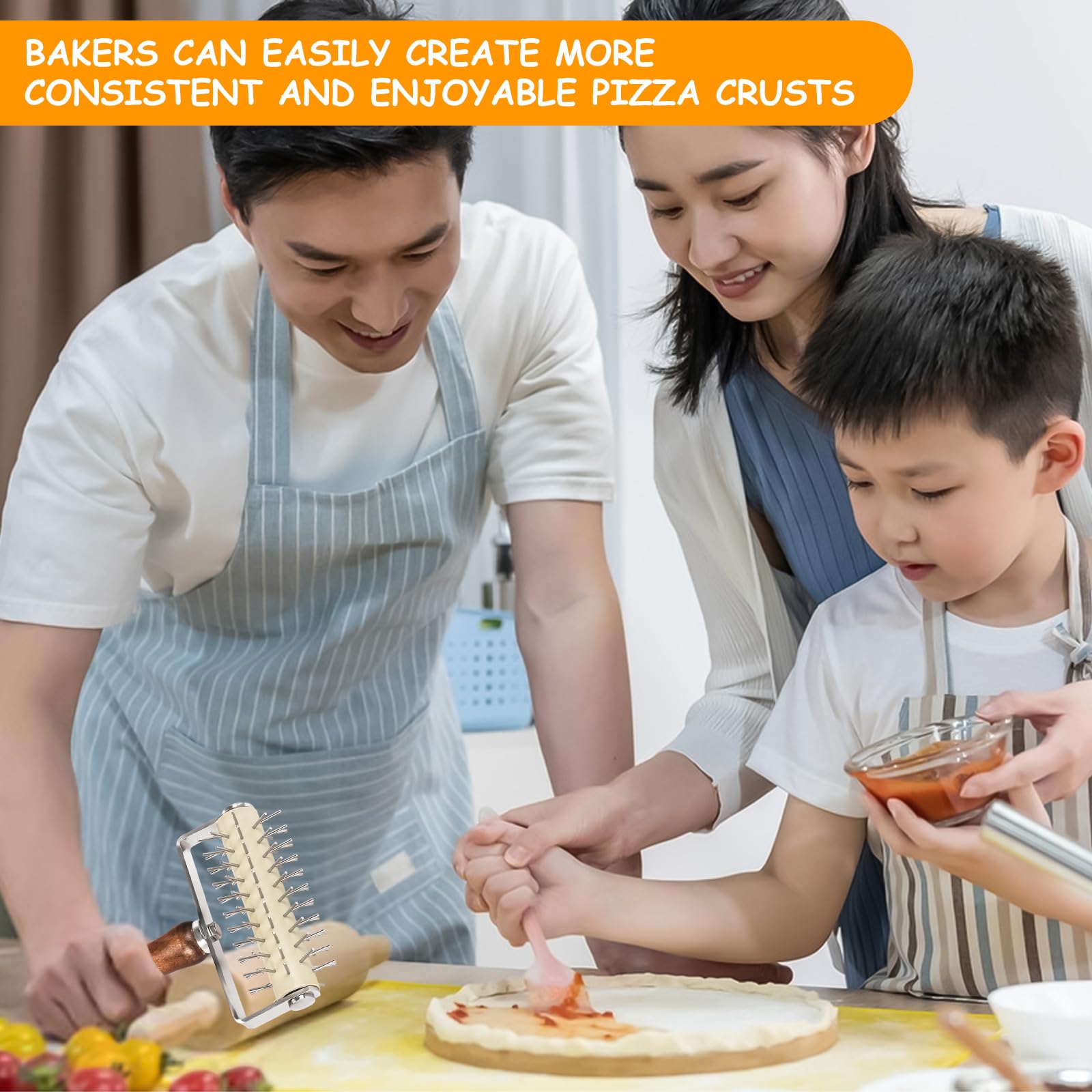 Rullo per Pizza Impasto, Rullo per pizza con punte in Acciaio Enox, Buca Impasto e Pizza, Rullo Bucasfoglia per Pasta, Manico in Legno in Acciaio inox, Domestico Cottura Pasticceria Strumenti