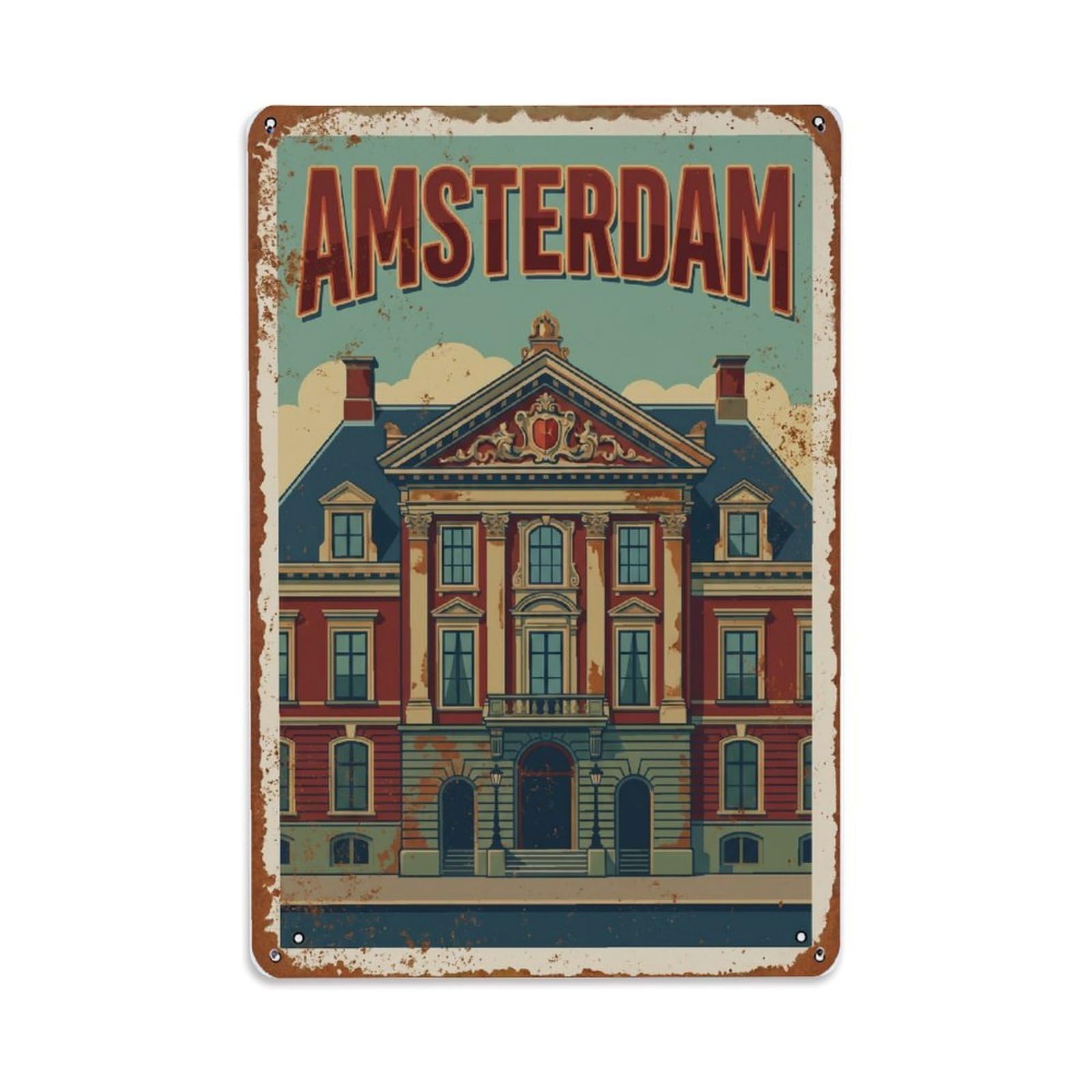 Vintage Travel Pediment Netherlands Ornate Metal Tin Sign Plaque Wall Decor for Cafe, Club Bar, Office, Home Garden Metal Poster 8x12Inch
