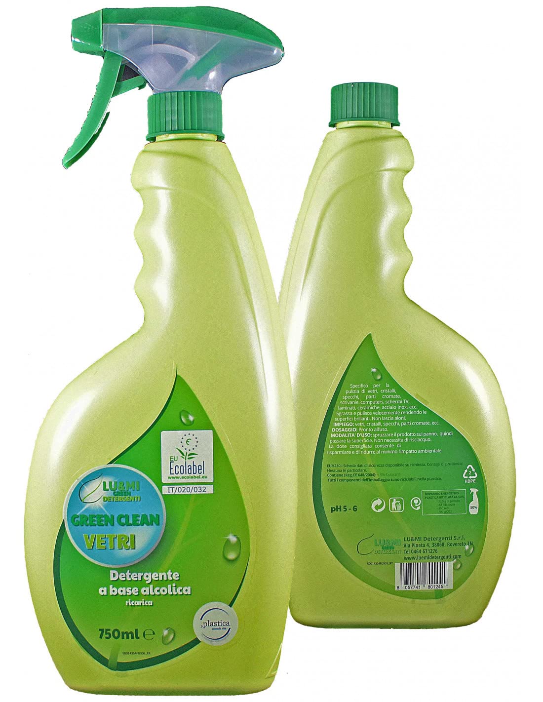 GREEN CLEAN VETRI - Detergente PROFESSIONALE per vetri, specchi, cristalli, schermi - 6 FLACONI DA 750 ML