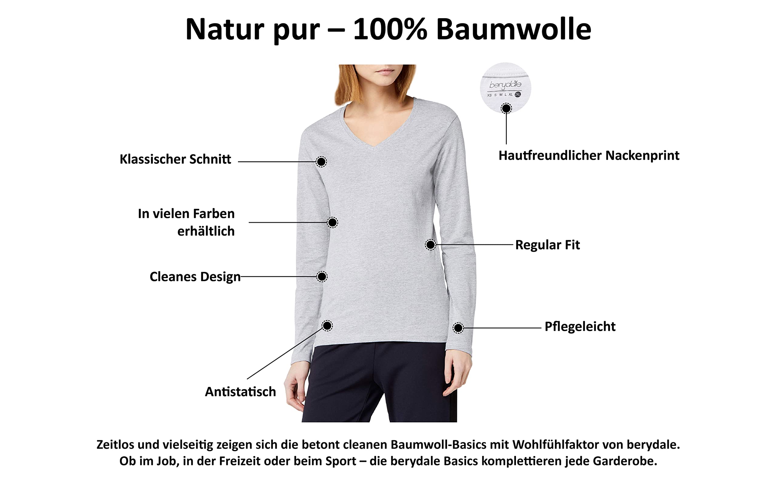 Berydale Damska koszulka z długim rękawem, 100% bawełna, dekolt w serek V-Neck (3 szt.)