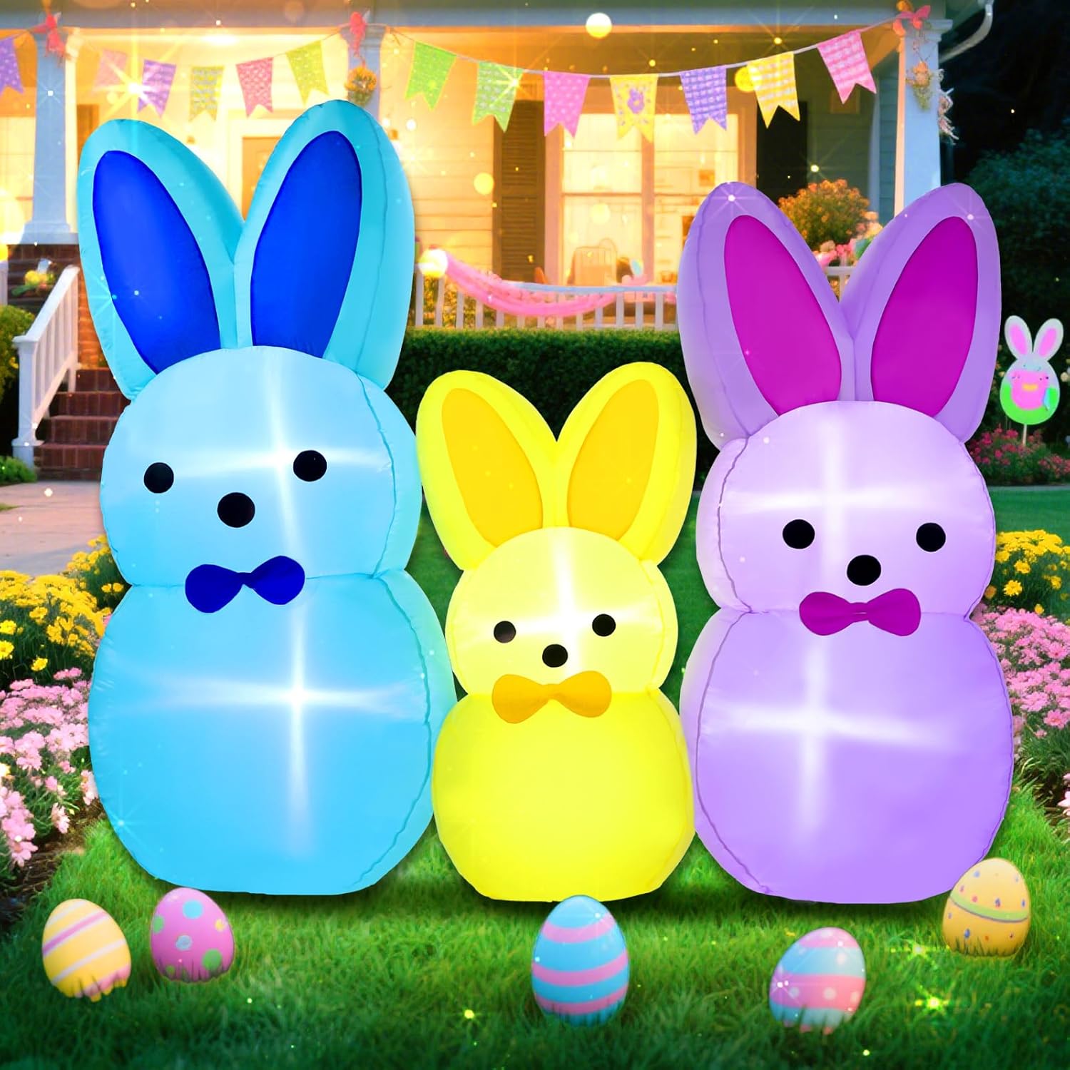 7FT Easter Bunny Inflatables Outdoor Yard Decoration LED Lighted Blow Up Colorful Triple Rabbit for Lawn Garden, Indoor Outdoor Inflatable Decor for Easter Party & Egg Hunt