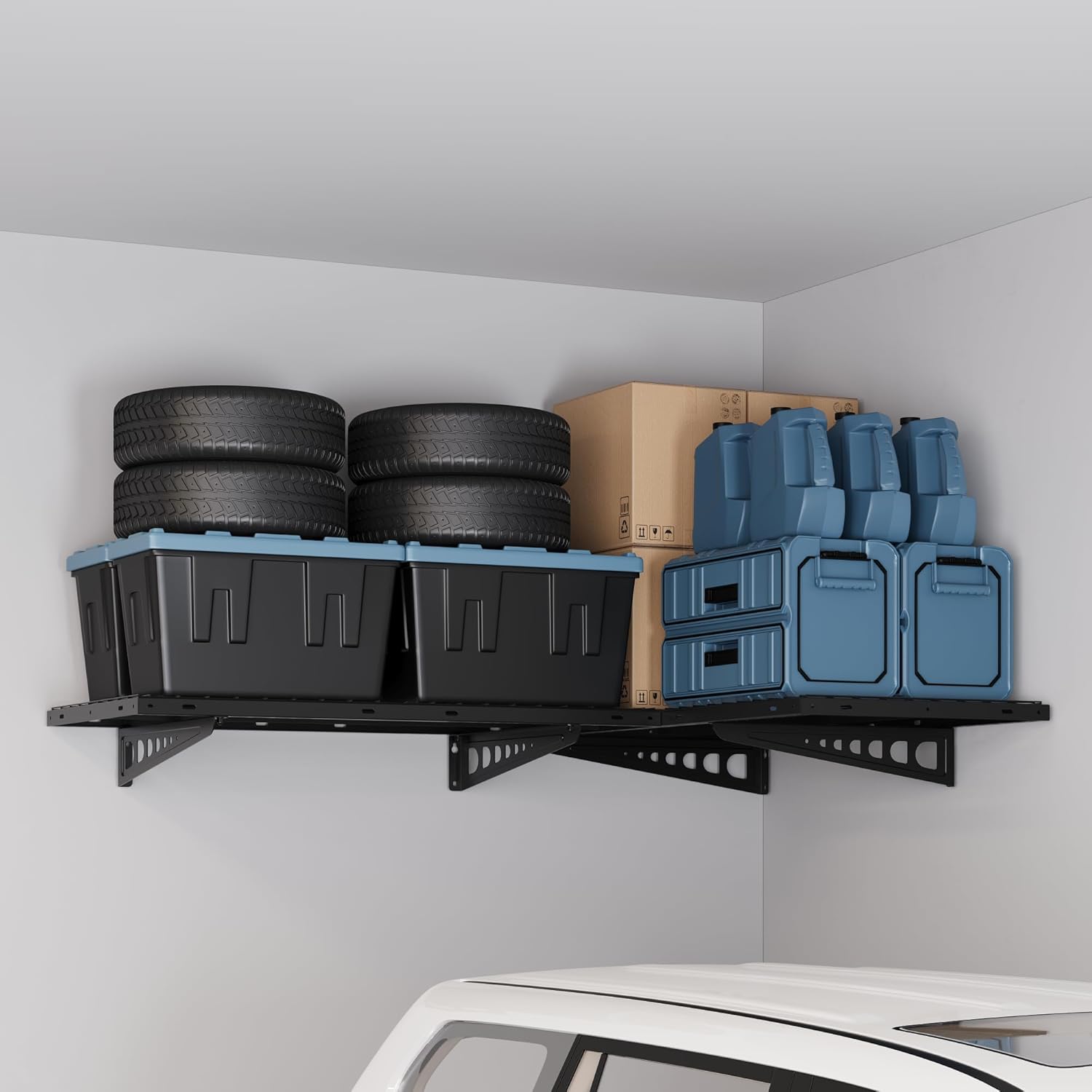 FLEXIMOUNTS 2 Pack 2x4ft Corner Wall Shelving Garage Storage Rack, 24x48 inch Floating Shelves, 660lbs Total Weight Capacity, Black, Pro Series - Image 2