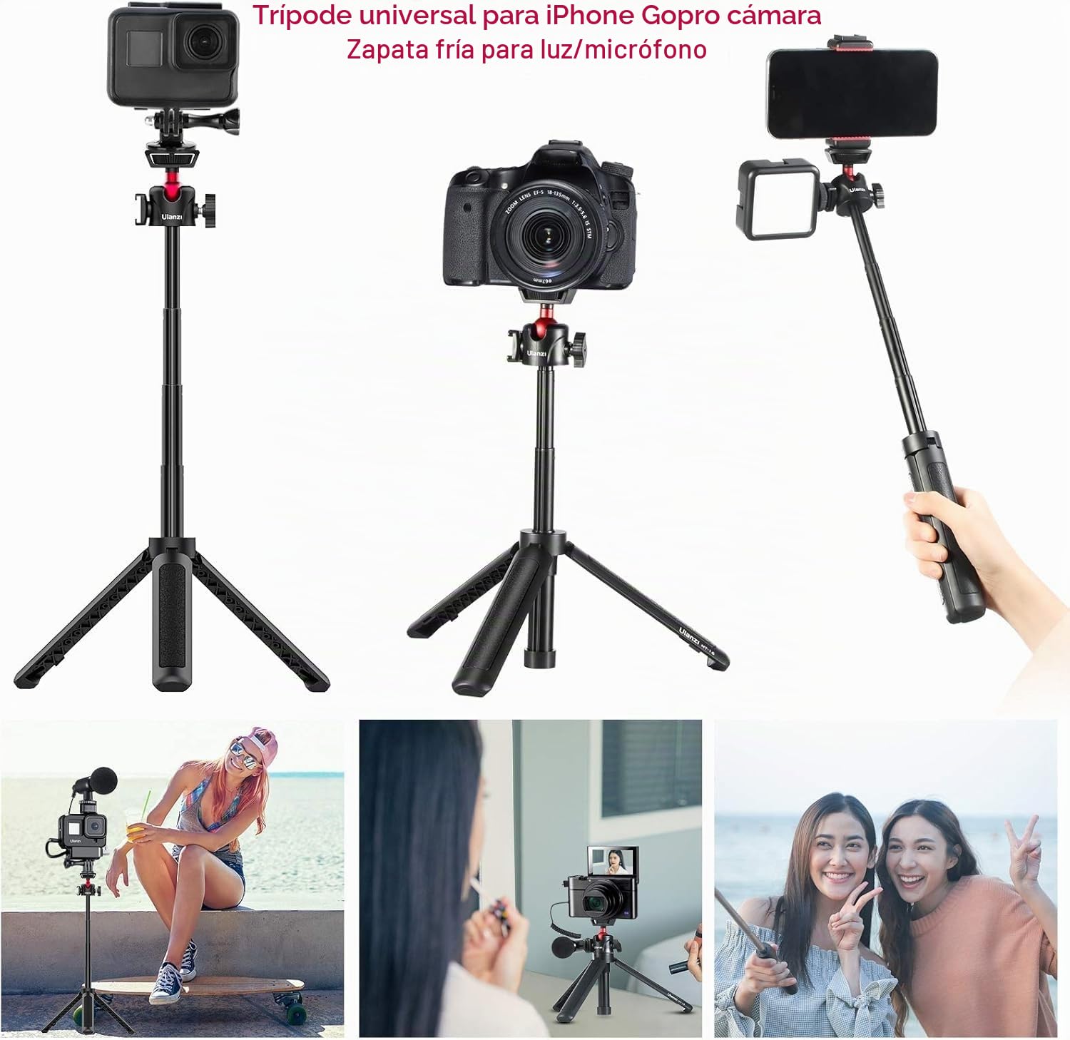 Ulanzi Mini trípode para cámara - Trípode de cámara extensible MT-16 Ajuste de 4 niveles, rótula de bola de 360° Zapata fría Accesorios de Vlog portátiles livianos para DJI Action Insta360 Compact Cam