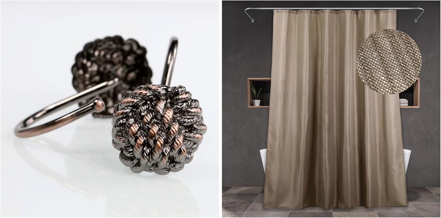 Taupe Tan Long Shower Curtain & Bronze Knot Hooks- 72x78 Waterproof Washable Linen Style Fabric Shower Curtain - 12 PCS Rust Proof Metal Shower Curtain Rings (2 Item Bundle)