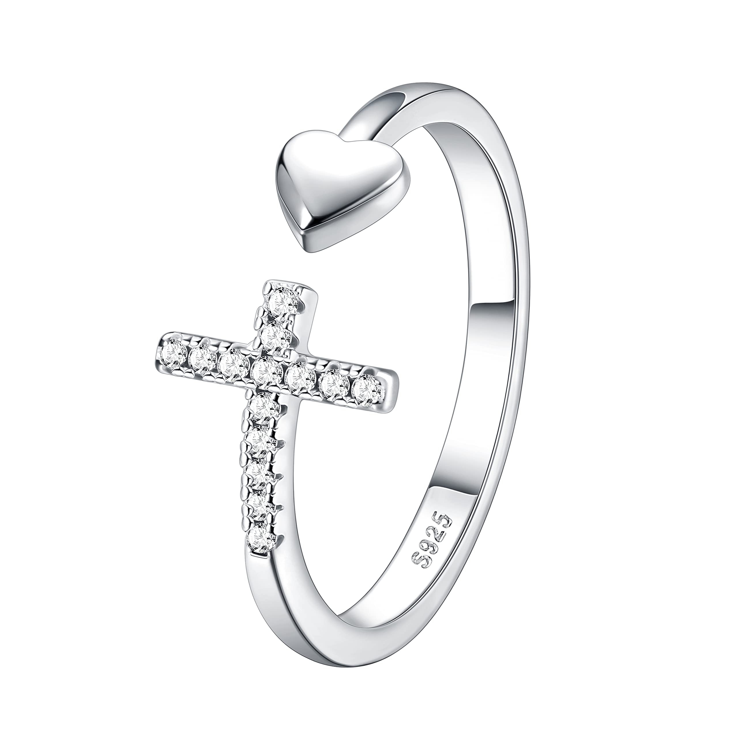 YADOCAYADOCA 925 Sterling Silver Cross Ring for Women Adjustable Cross Love Open Ring Stackable Cubic Zirconia Cross Ring Pray Through It Ring Christian Religious Ring