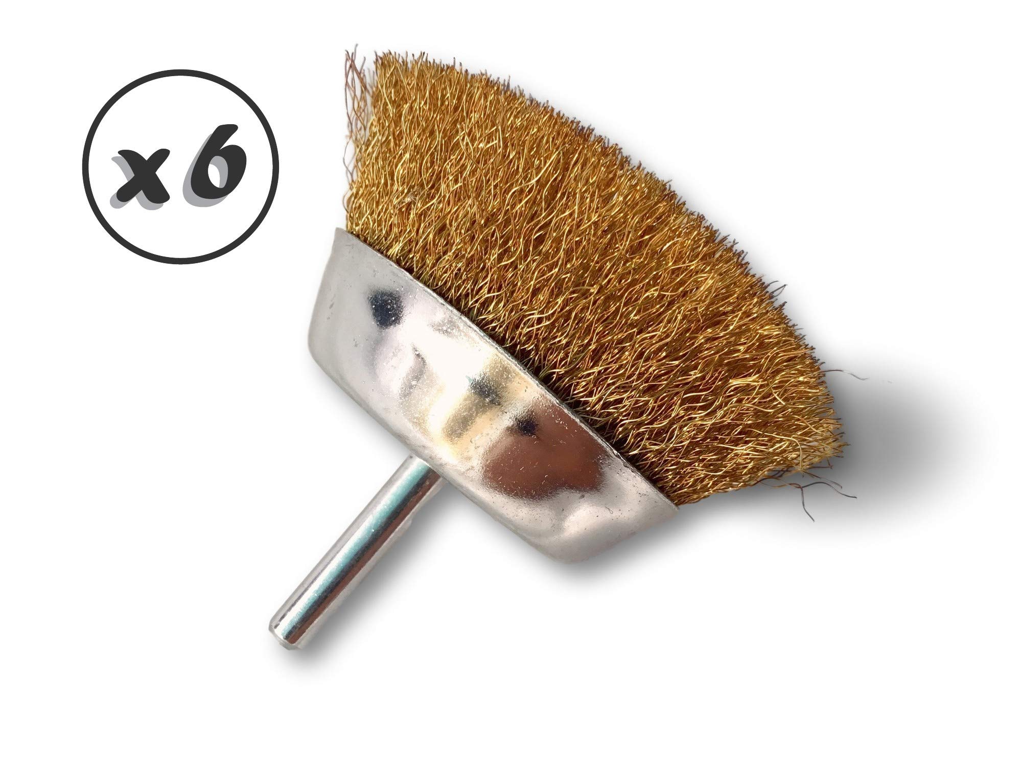 Metalowa szczotka obrotowa do cięcia Ø 75 mm | Zestaw 6 | Na trzonku Ø 6 mm | Nici mosiężne Ø 0,20 mm miękkie | Do wiertarki lub wkrętarki z uchwytem | Kibros 2575LVx6