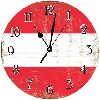 Austria Flag Art Clock Retro Rustic Style 15inch Round Wall Clock Austria Wall Clock Quality Quartz Battery Operated Silent Wall Clocks for Laundry Room Bedroom National Flag Clock Birthday Gift