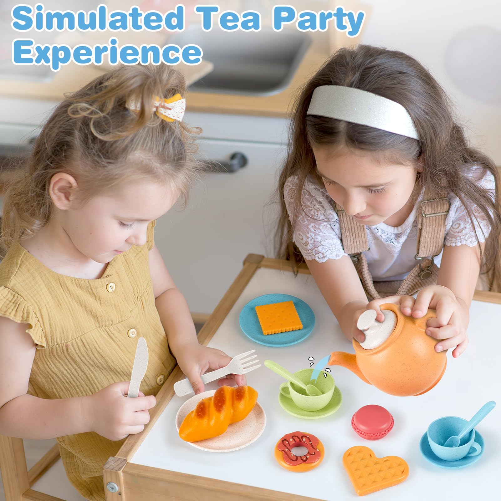Dreamon Juego de Té para Niños 36PCS, Juego de té Juguete con Postre Juguete Juego de Cocina Educativos Juegos de rol Regalo para Niños Niñas 3 4 5 6 años