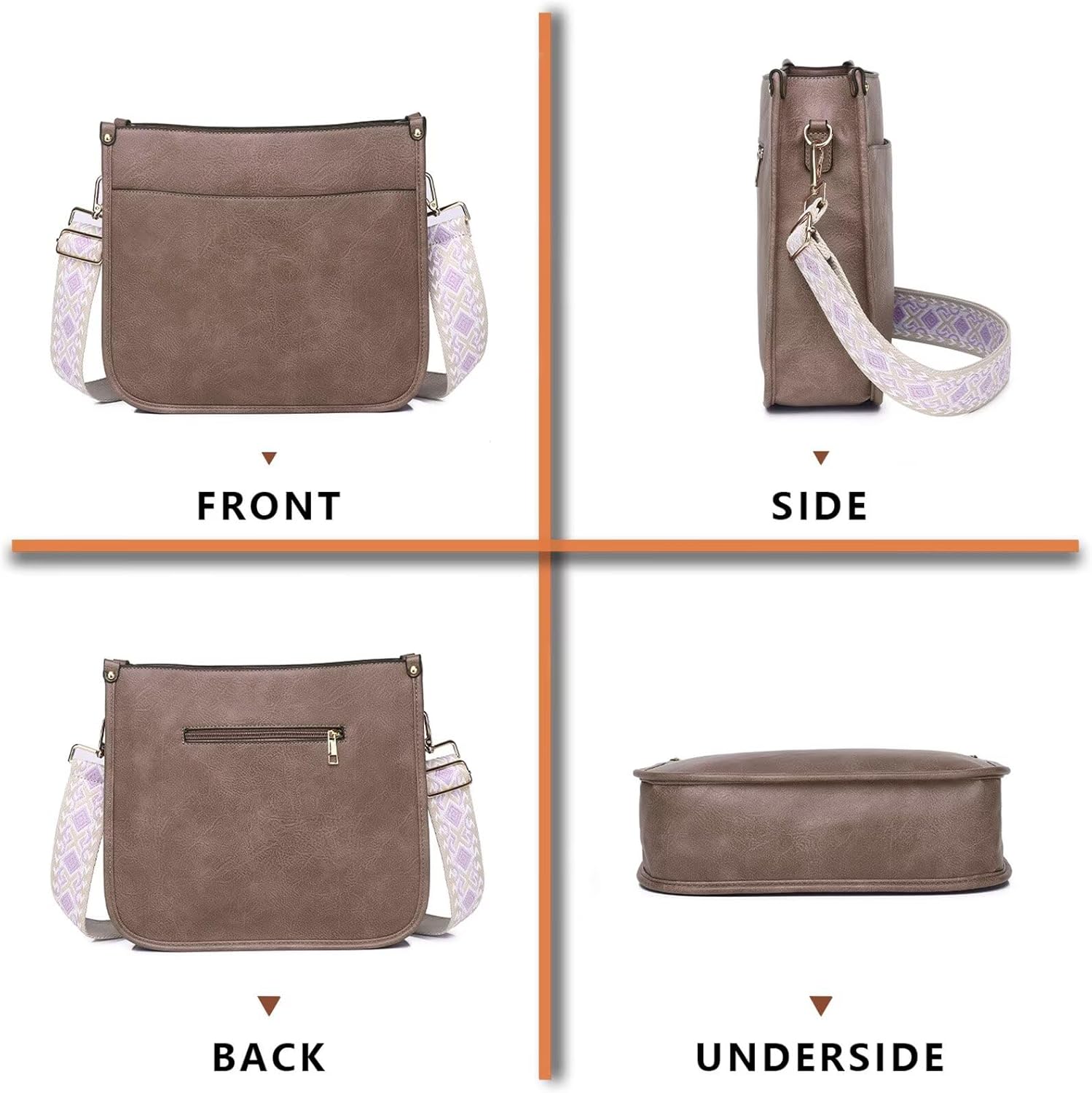 AUYOCO Vegan Leather Crossbody Bags for Women, Crossbody Purse with Guitar Strap Zipped Pockets Handbag Shoulder Bag - Image 6