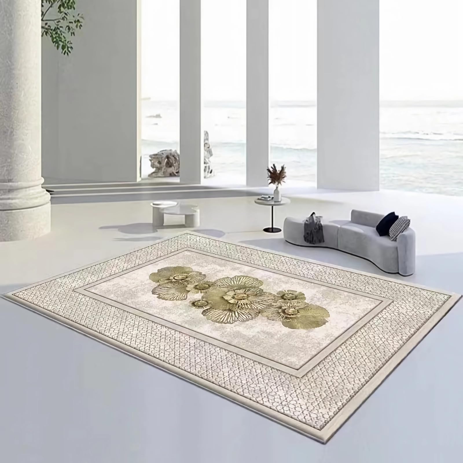 Dywan Oitdoor, łatwy do czyszczenia antypoślizgowy dywan w żółtym brązowym minimalistycznym kwiatowym wzorze, dywan do salonu, 200 x 300 cm