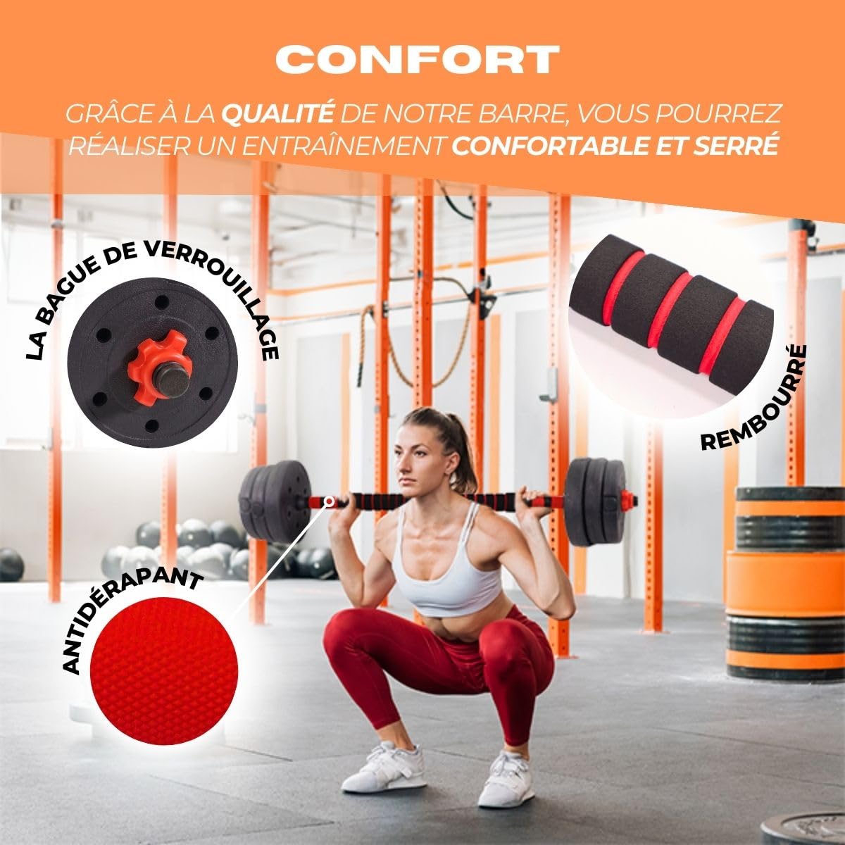 Mobiclinic®, Haltères réglables, 2 en 1, De 20 à 30 kg, Comprend des et une barre d'extension rembourrée, Écrous antidérapants, Acier, Salle sport domicile