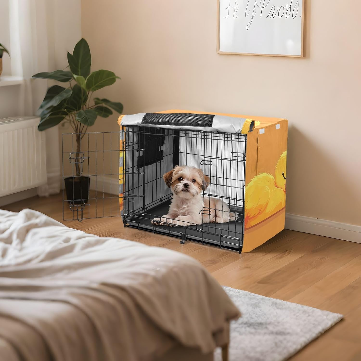 Yellow Duck Sleeping Dog Crate Covers Easy to Install, Pet Kennel Cover with Mesh Windows, X-Large