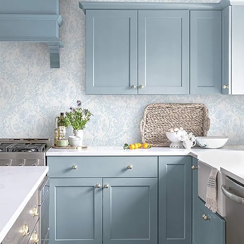 Miniatura 8 de Ismoon Papel tapiz autoadhesivo para despegar y pegar, papel de contacto floral vintage, bohemio, acuarela azul, damasco, texturizado, extraíble,