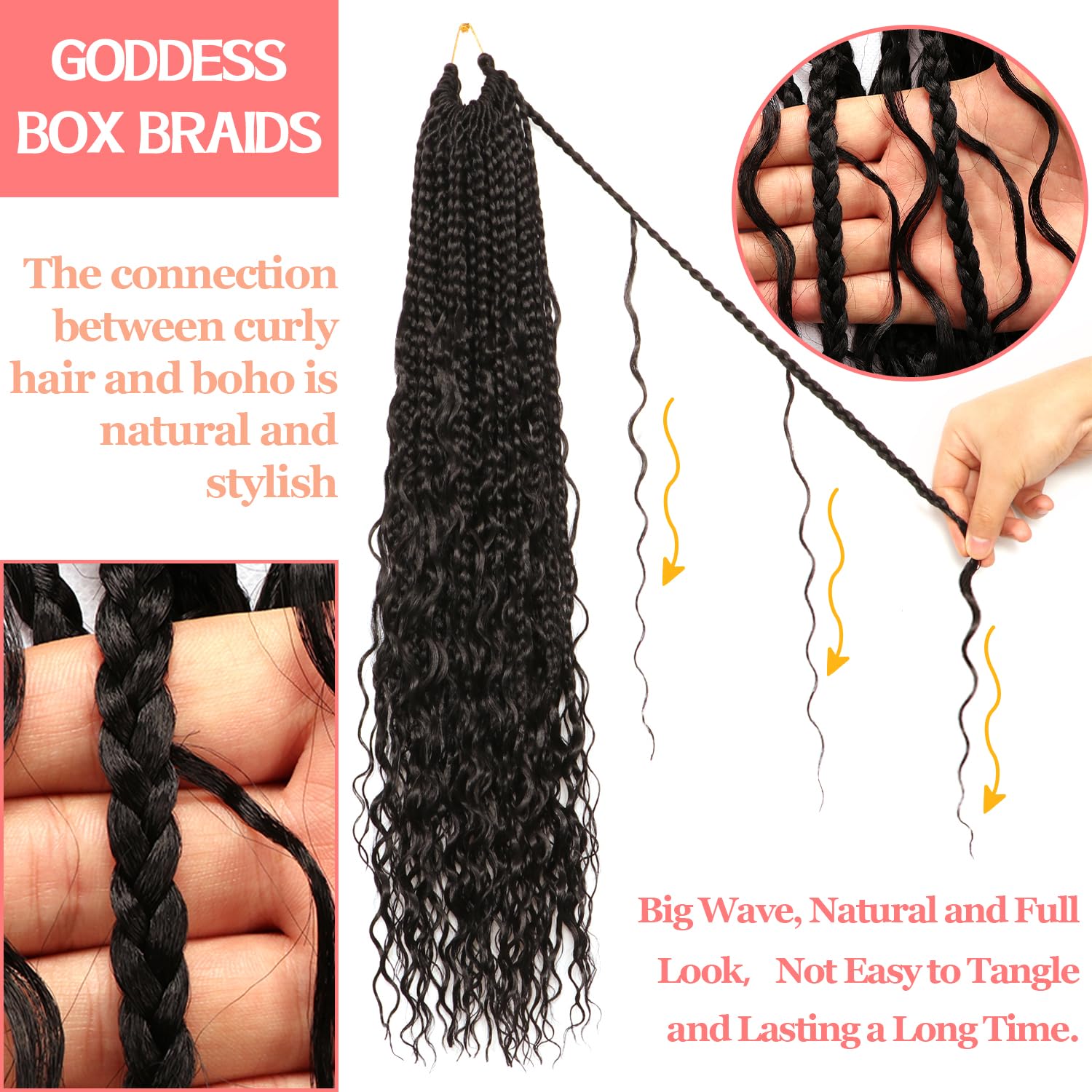 Su Mei.s Tresses de boîte de déesse, cheveux au crochet de 61 cm, 9 paquets, tresses au crochet bohème avec vagues d'eau pour femmes noires (1B#, 61 cm (lot de 9)