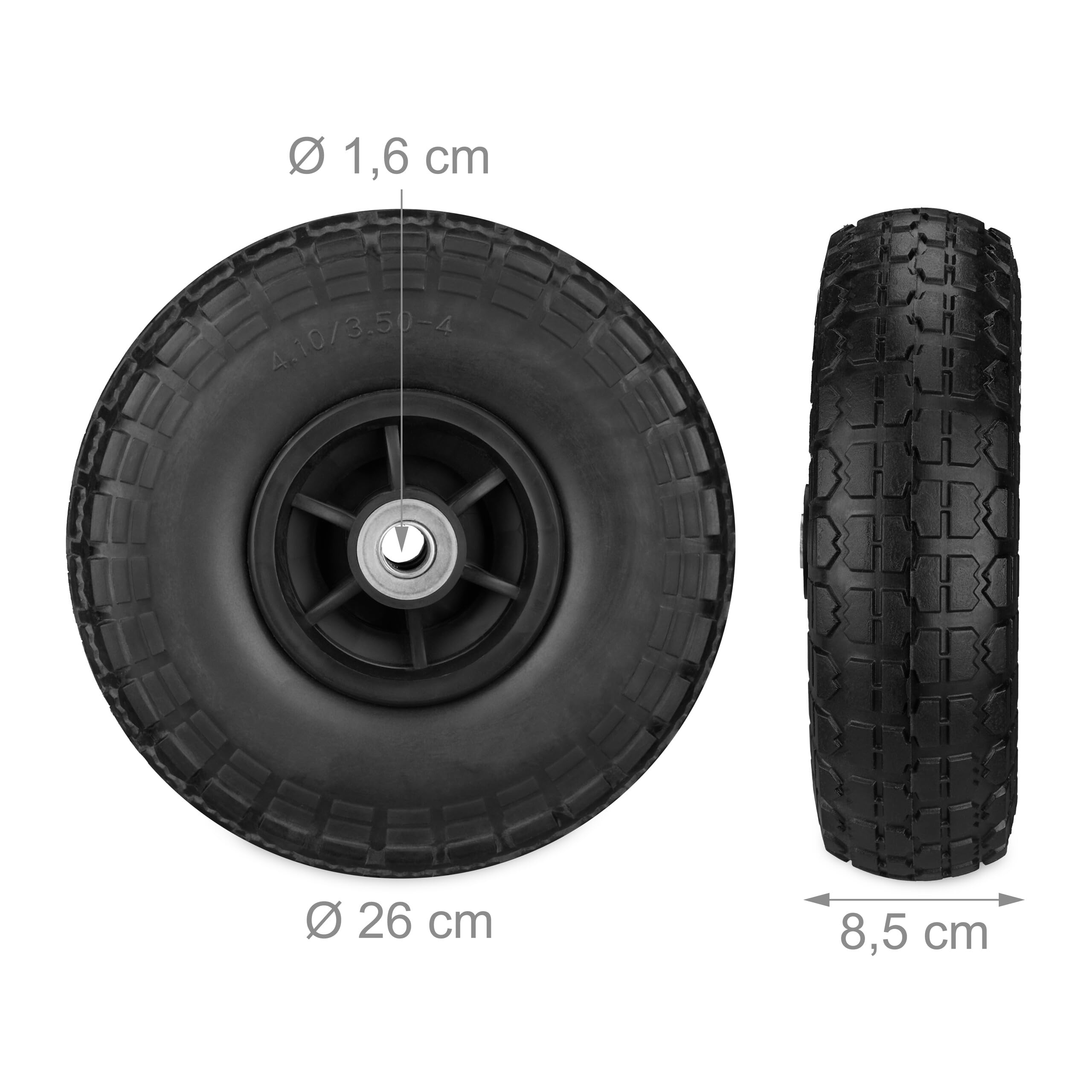 Relaxdays 4 Ruedas de Carro, Antipinchazos, Macizas, 4.10/3.50-4", Llantas de Plástico, 150 kg, 260x85mm, Negro