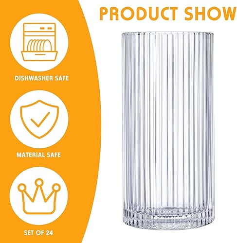 Miniatura 4 de Zhehao Juego de 24 vasos de vidrio acanalado vintage de 9 onzas y 12 onzas fluidas de vidrio transparente acanalado para cócteles, bebidas de bar,