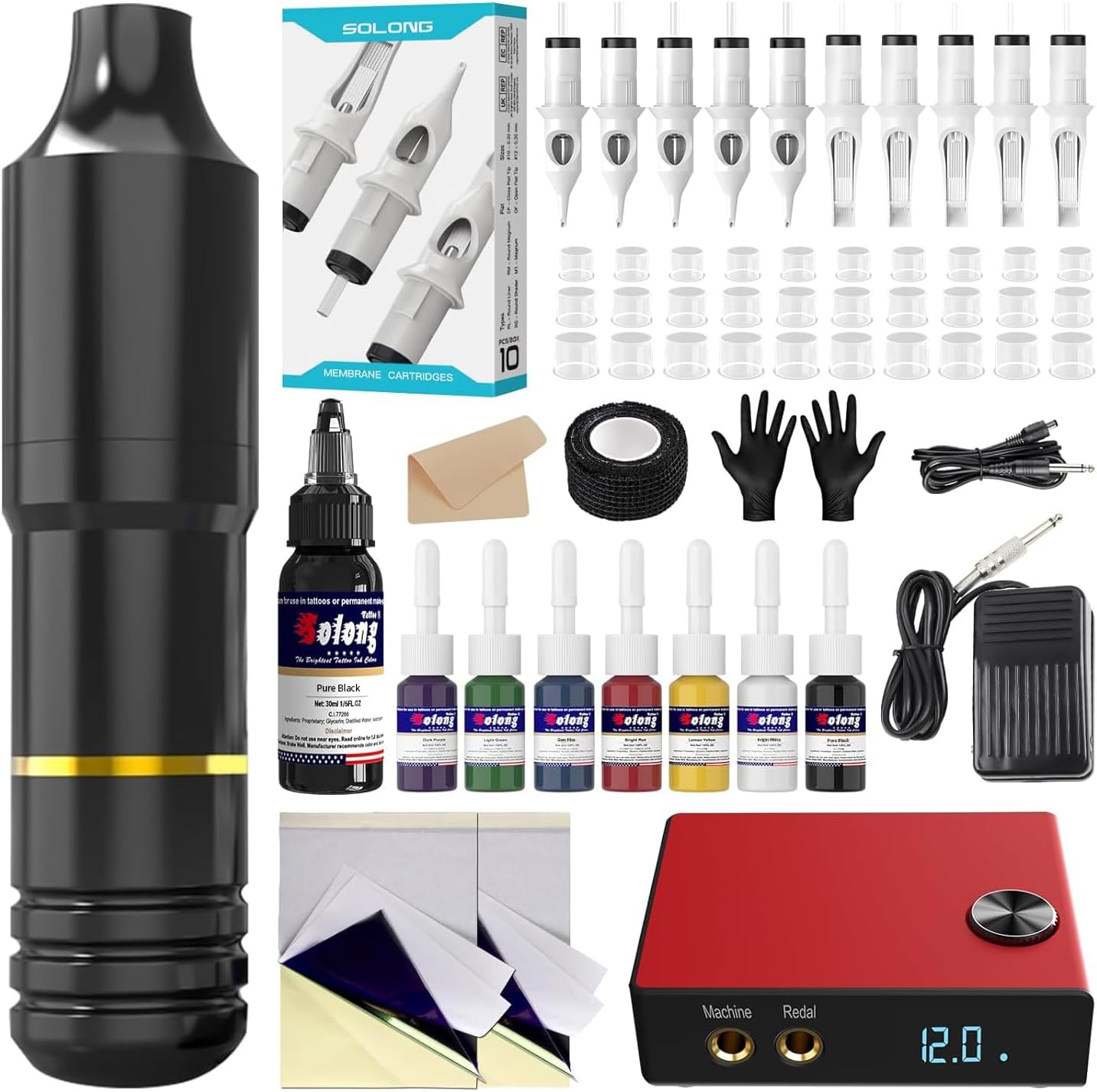 Tattoo Gun, Solong Tattoo Kit Complete for Beginners Rotary Tattoo Machine Kit 10pcs Tattoo Needles Cartridges Tattoo Ink Set Tattoo Power Supply Tattoo Pen Kit EK128B-1