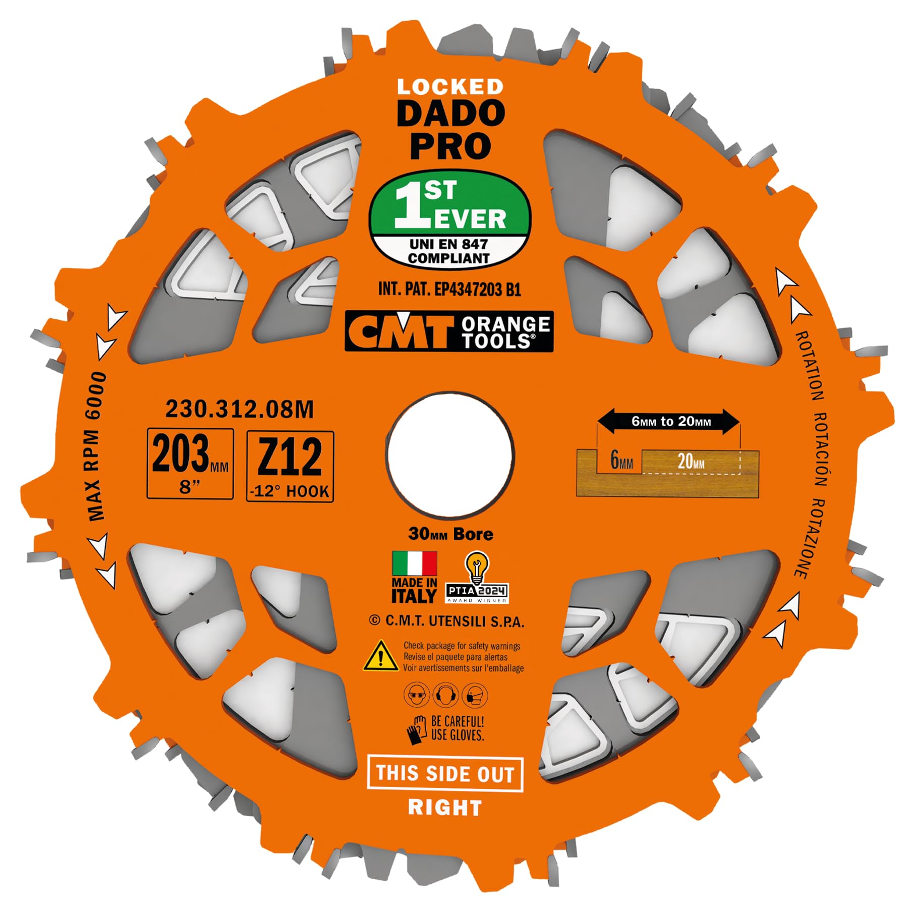 CMT 230.312.08M Set lames encatrées (DADO 8in) HW D=203 B=30 Z12 FTG+ATB PTFE Orange