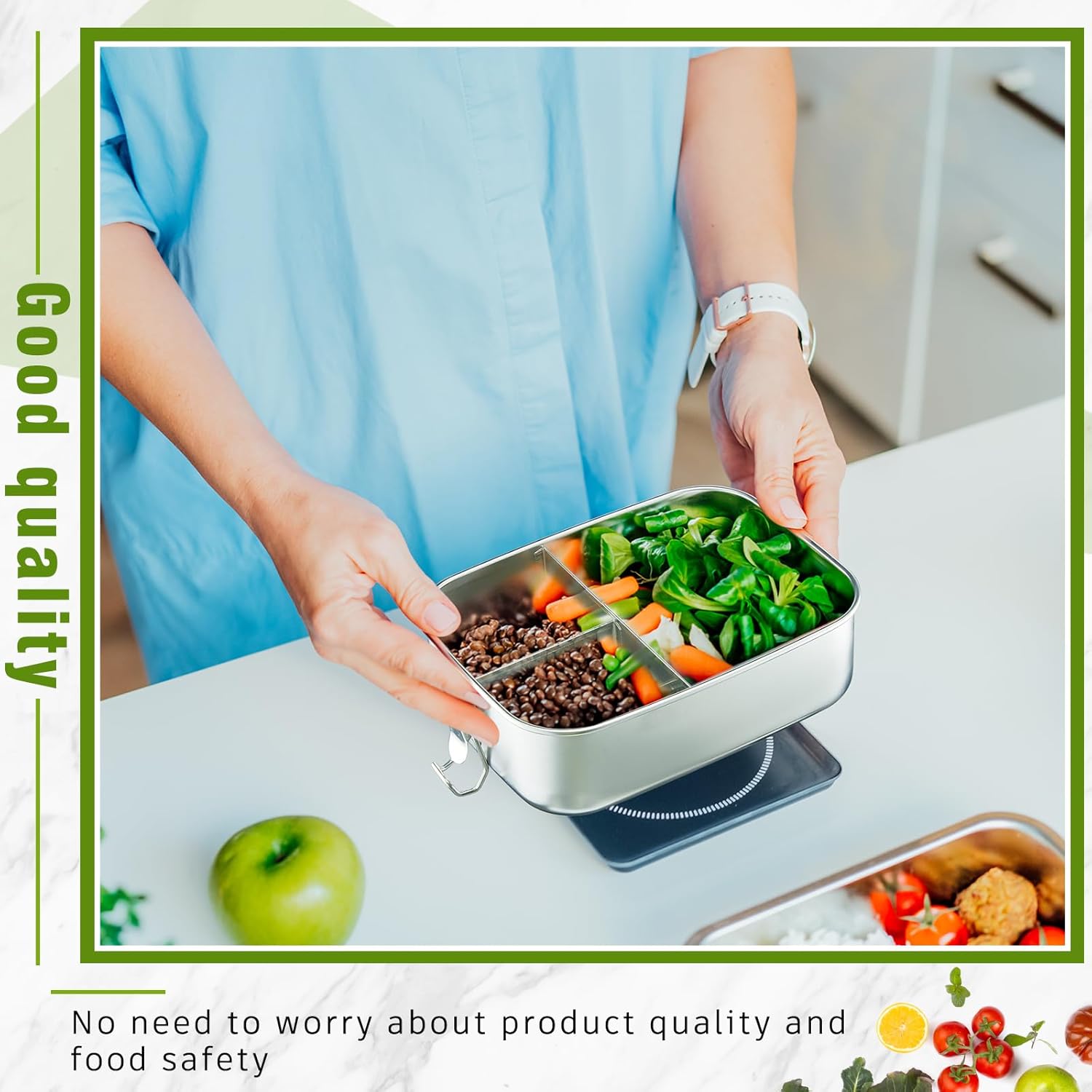 Umigy 2 Pcs Stainless Steel Lunch Containers Bento Lunch Box with Foldable Spoon Fork 3 Compartment Stainless Steel Food Container Portable Stainless Steel Bento Box for Camping Fruit, 40oz/1200 ml