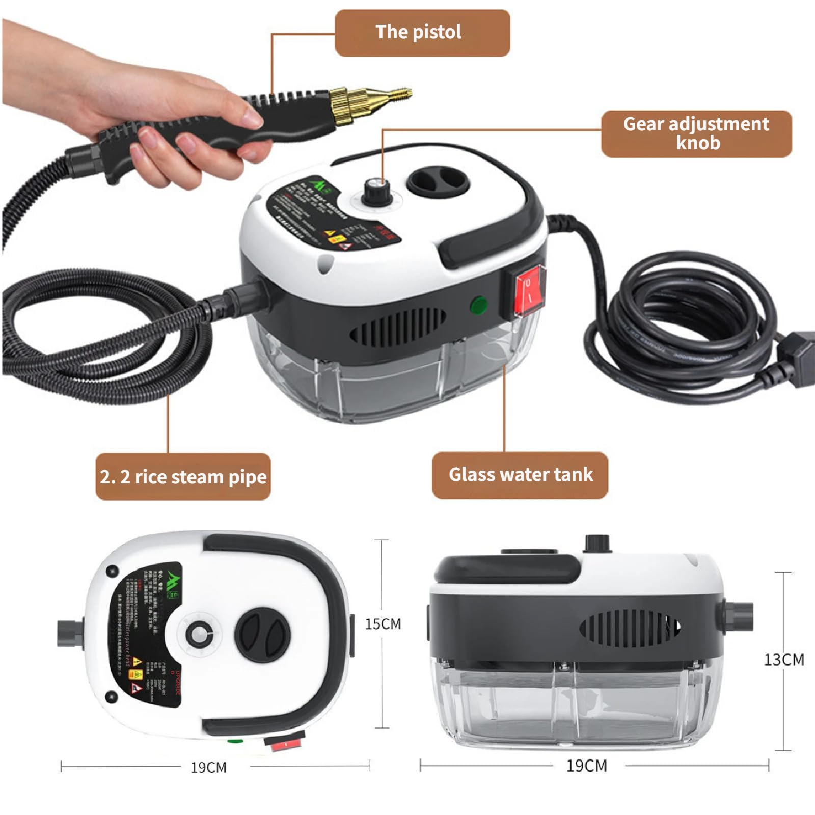 Vaporeta, Vaporeta Limpieza Hogar 2500W, Limpiador a Vapor Portátil, Máquina de Limpieza a Vapor con Tanque 1,2L para Hogar, Cocina, Baño, Coche Grey-SetB