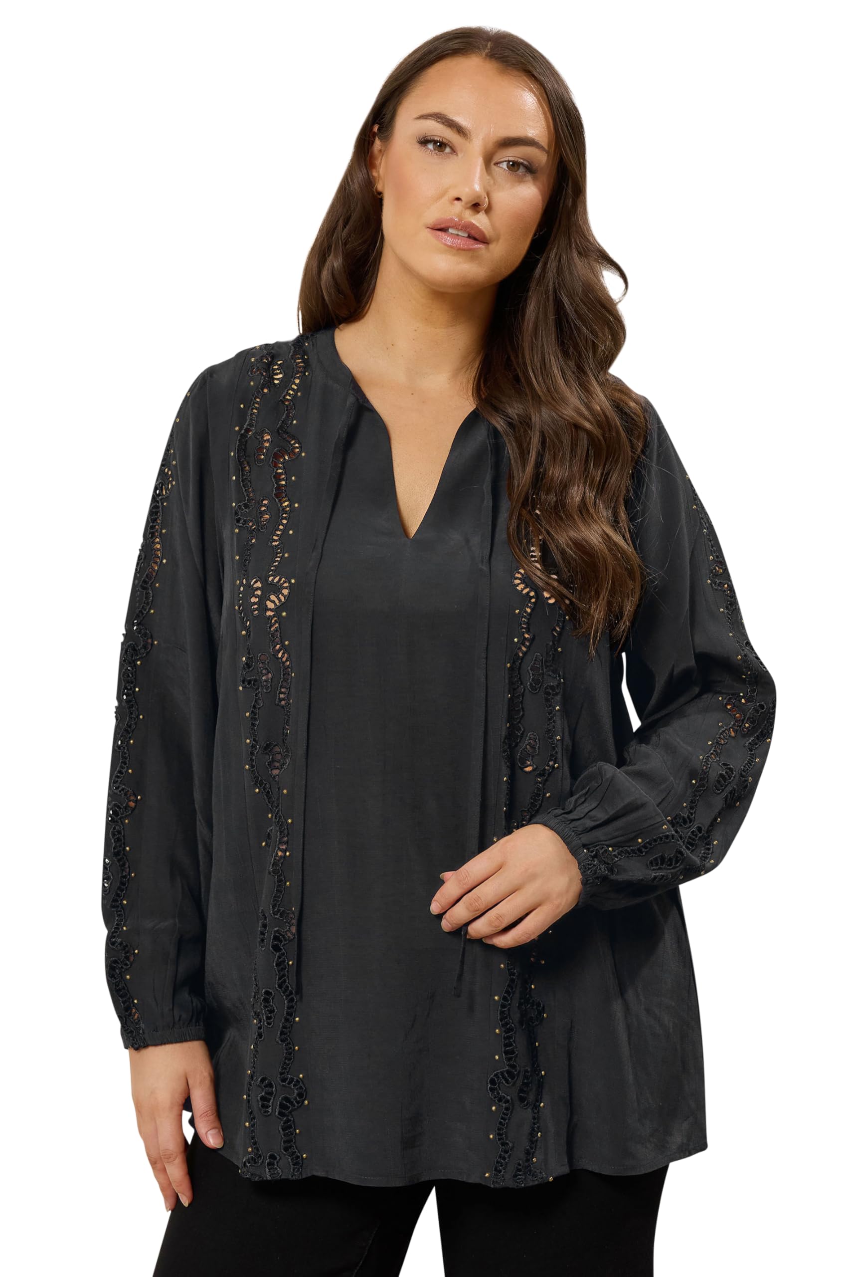 Evans Women's Black Curve Cutwork Tie Neck Woven Blouse Size 22-24