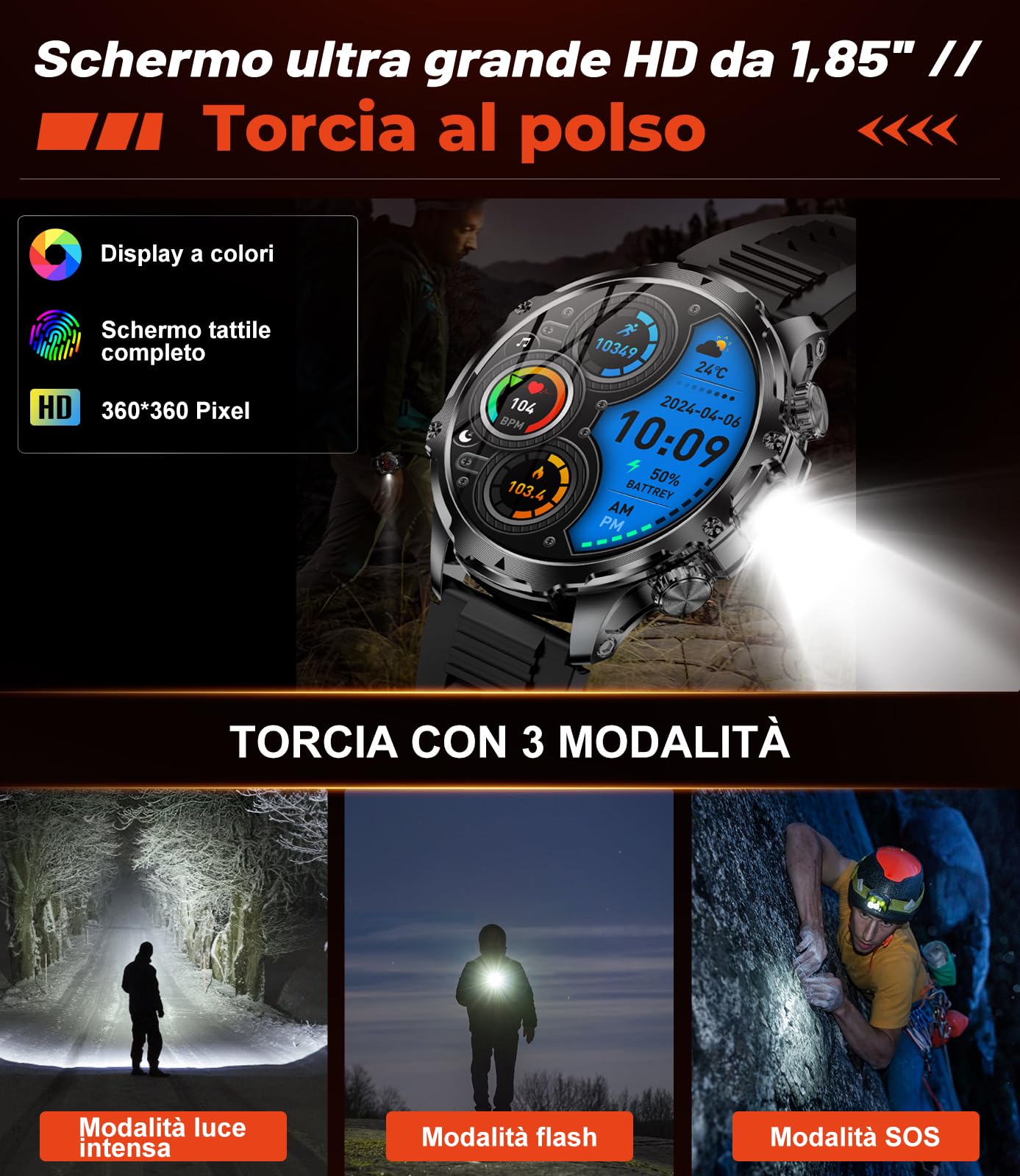 LIGE Smartwatch Uomo con Torcia LED/800mAh, 1.85'' Orologio Smart Watch con Chiamata Bluetooth, IP68 Impermeabile 110+ modalità Sportive Cardiofrequenzimetro SpO2 e Sonno per iOS Android,FV15-F