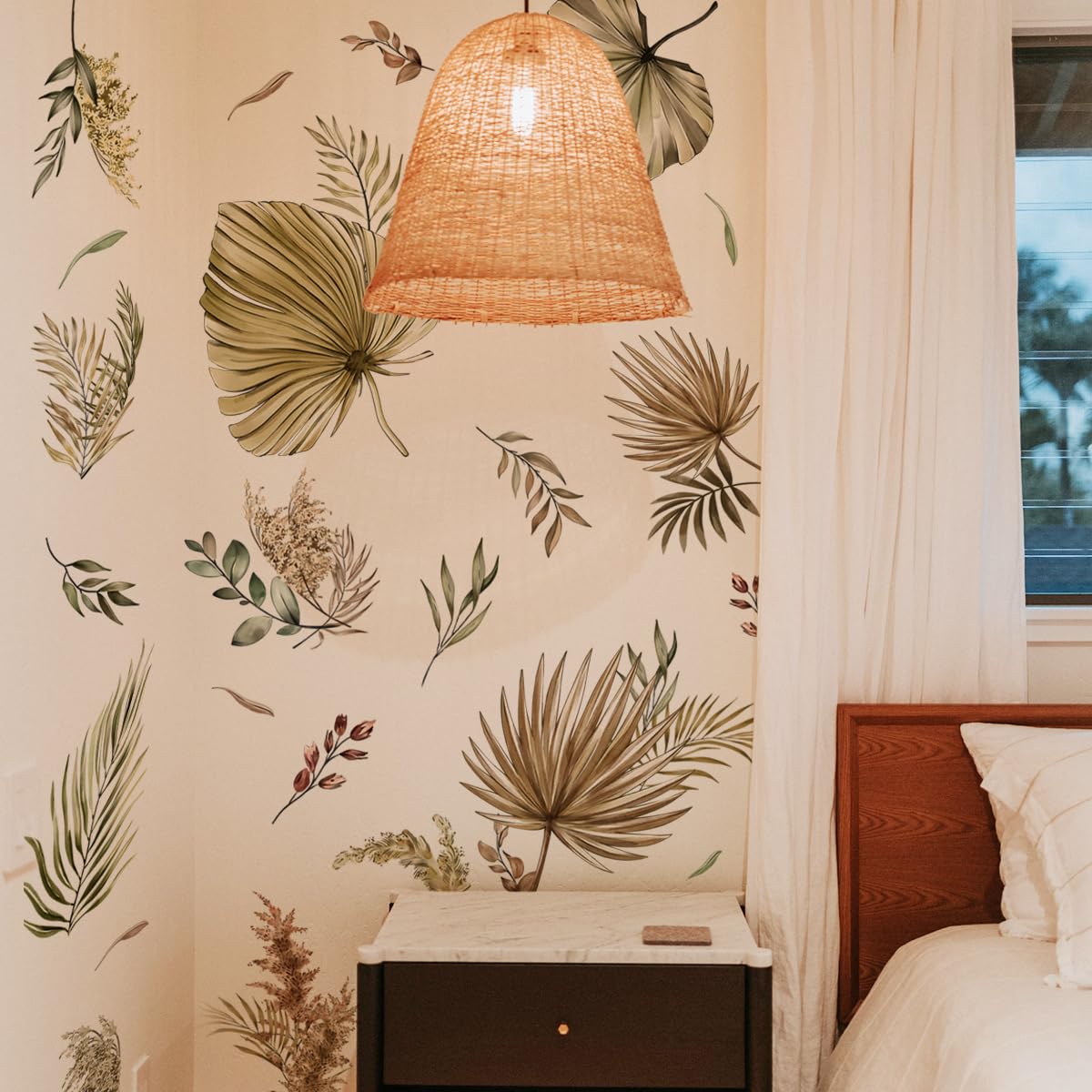 Runtoo Calcomanías de pared bohemias con hojas de cardo de palmera, hojas tropicales, calcomanías artísticas para guardería, dormitorio, sala de estar, oficina, decoración de pared