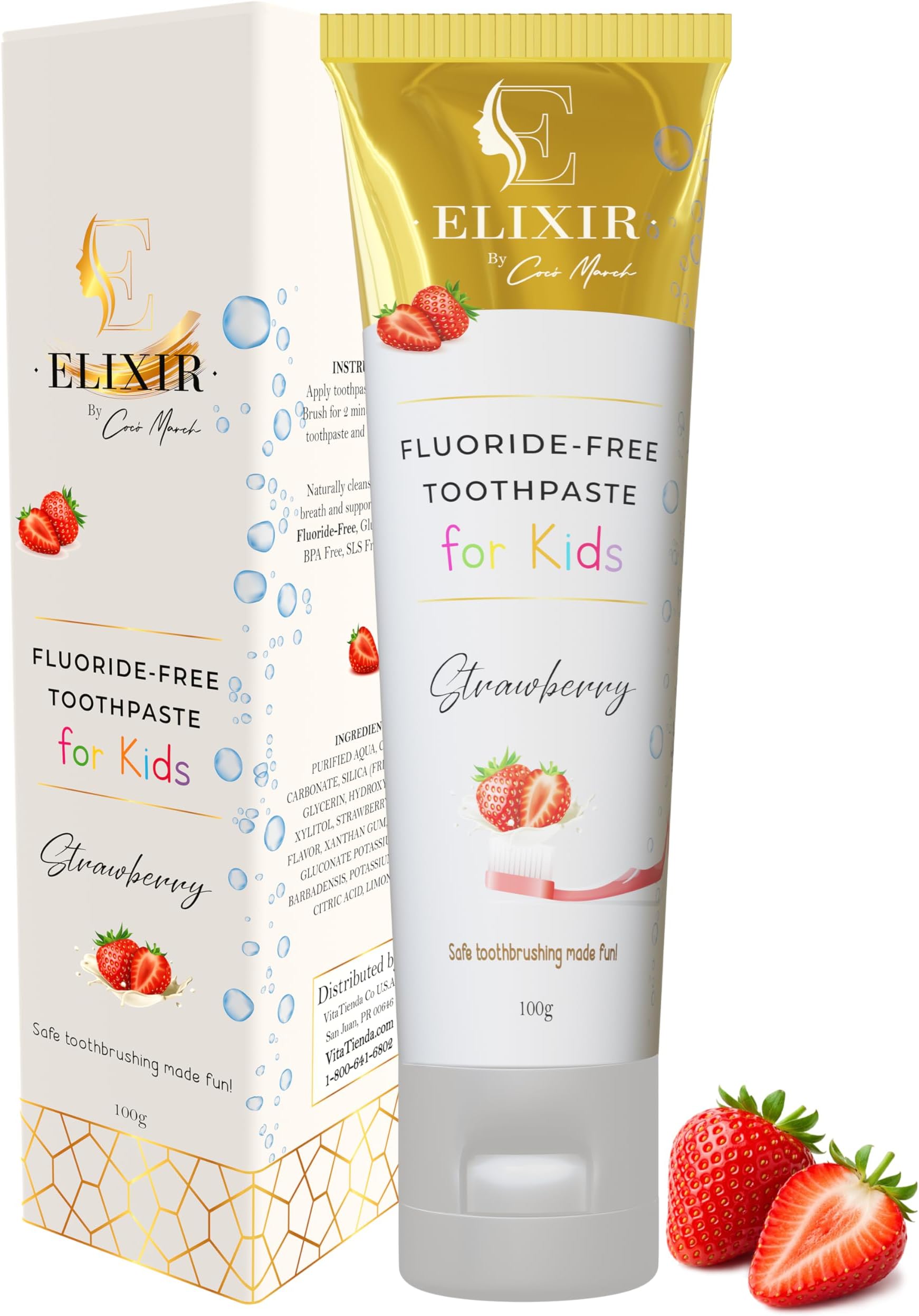 Elixir by Cocó March Kids Toothpaste, Fluoride Free Natural Brightening Toothpaste for Sensitive Teeth, Gluten Free, Strawberry Flavor, Toddler & Kids Oral Care, 5.3 oz (100g)