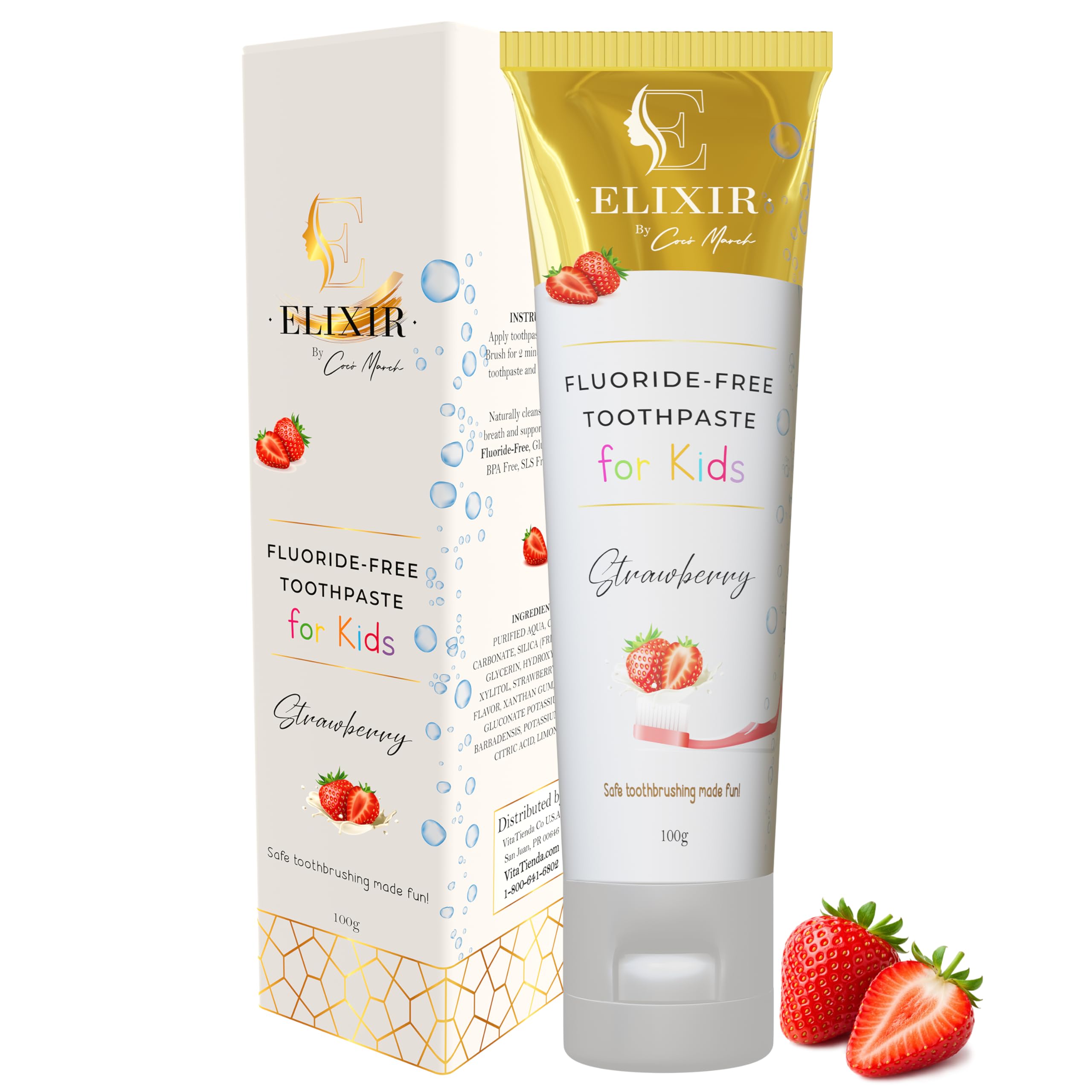 Elixir by Cocó March Kids Toothpaste, Fluoride Free Natural Brightening Toothpaste for Sensitive Teeth, Gluten Free, Strawberry Flavor, Toddler & Kids